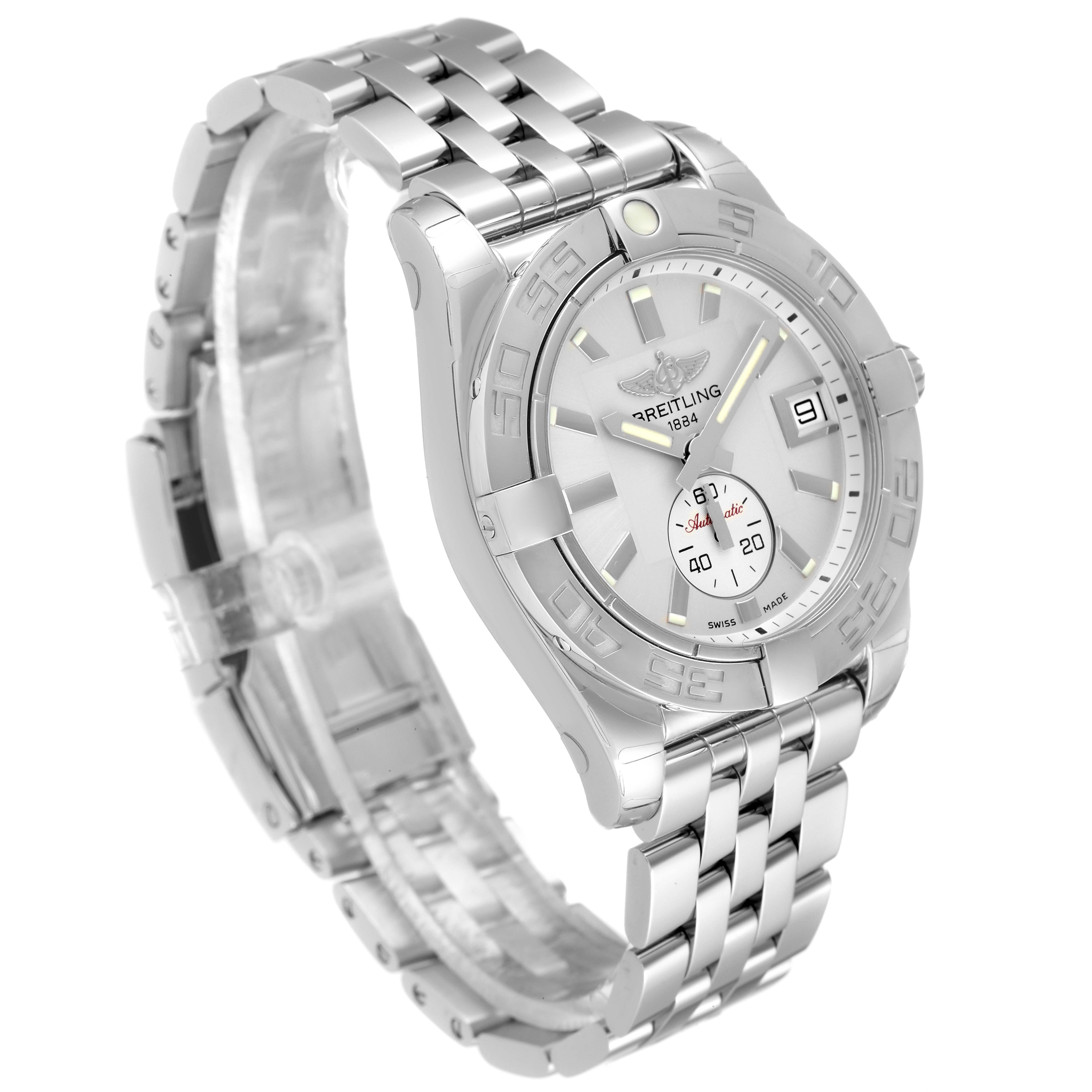 The Breitling A37330 Women's Stainless Steel Silver Dial A37330 Women's Stainless Steel Silver Dial Galactic 36 Silver Dial Steel Ladies Watch A37330 is shown at an angled side view highlighting the dial and bracelet.
