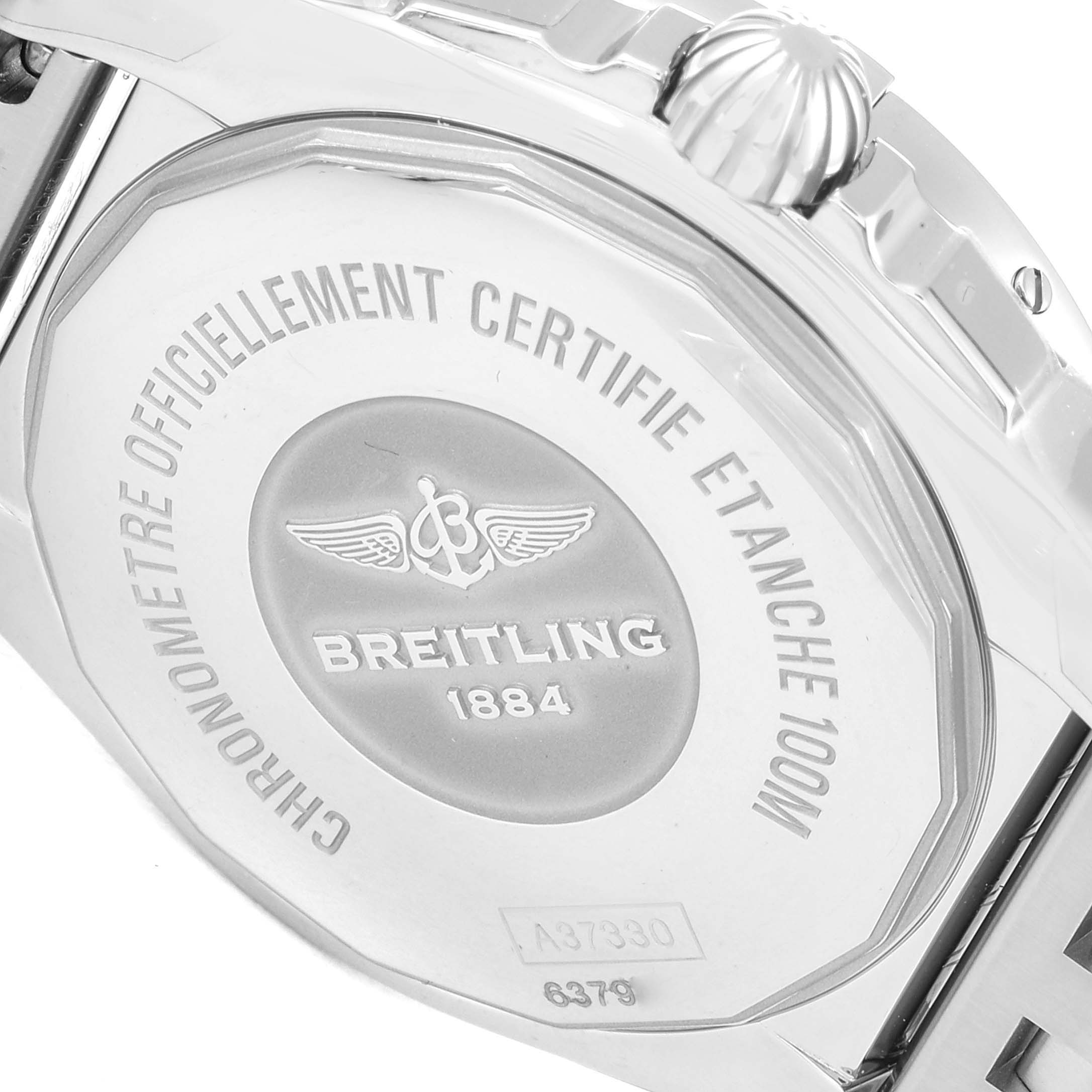 The image shows the rear view and crown of the Breitling A37330 Women's Stainless Steel Silver Dial A37330 Women's Stainless Steel Silver Dial Galactic 36 Silver Dial Steel Ladies Watch A37330.