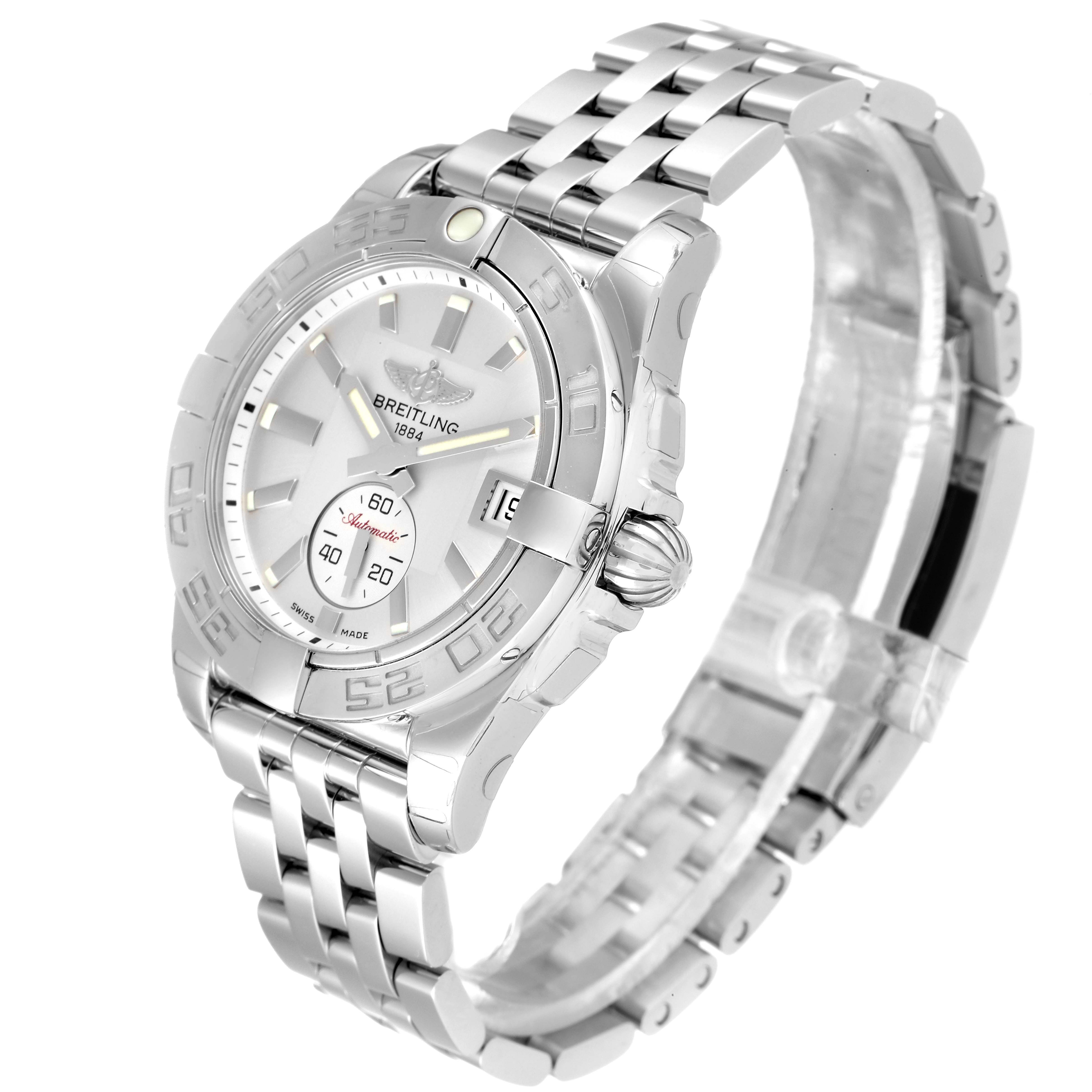 The Breitling A37330 Women's Stainless Steel Silver Dial A37330 Women's Stainless Steel Silver Dial Galactic 36 A37330 Ladies Watch is shown at a three-quarter angle displaying the dial, bezel, case, and bracelet.