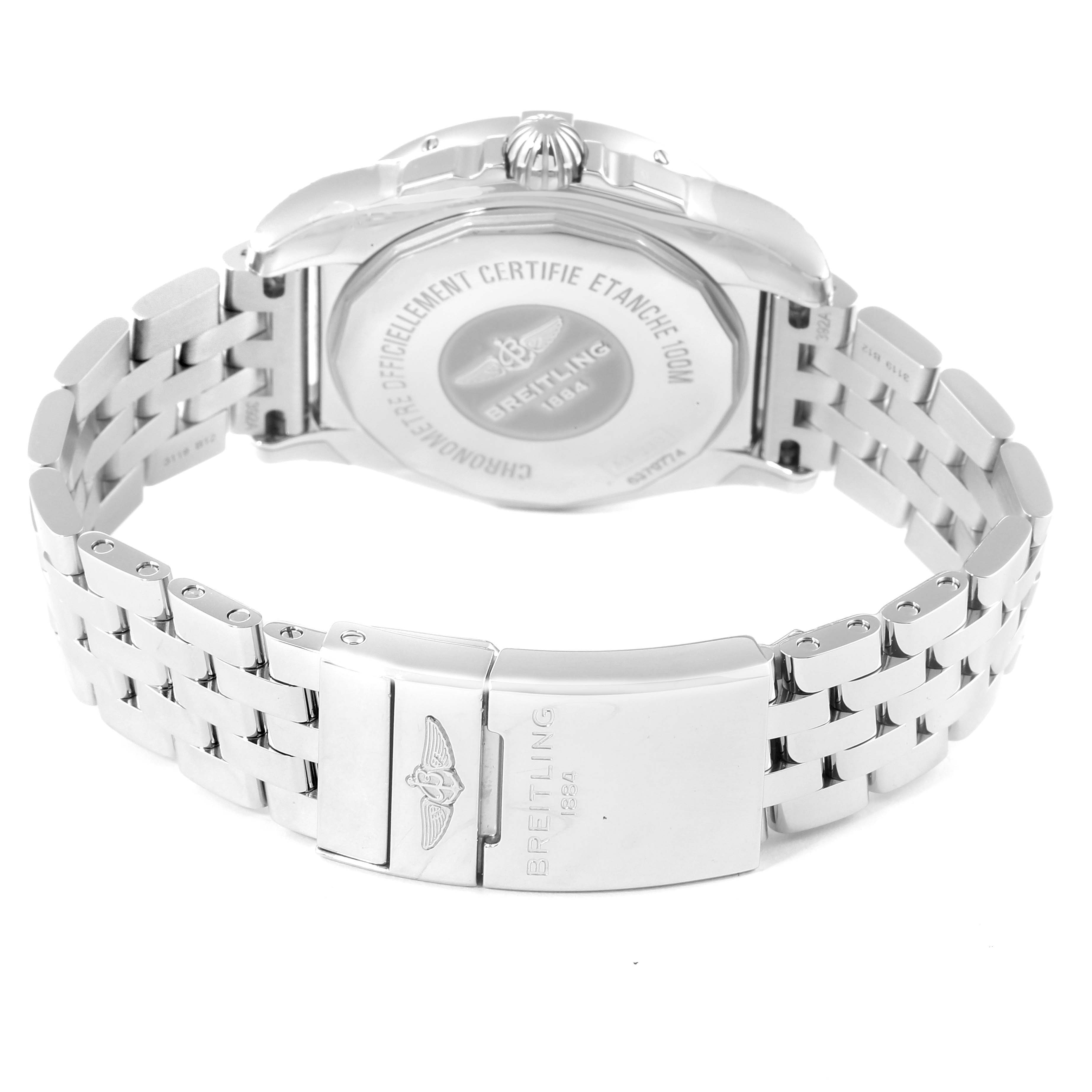 The image shows the back view of the Breitling A37330 Women's Stainless Steel Silver Dial A37330 Women's Stainless Steel Silver Dial Galactic 36 Silver Dial Steel Ladies Watch A37330, highlighting the clasp and bracelet.
