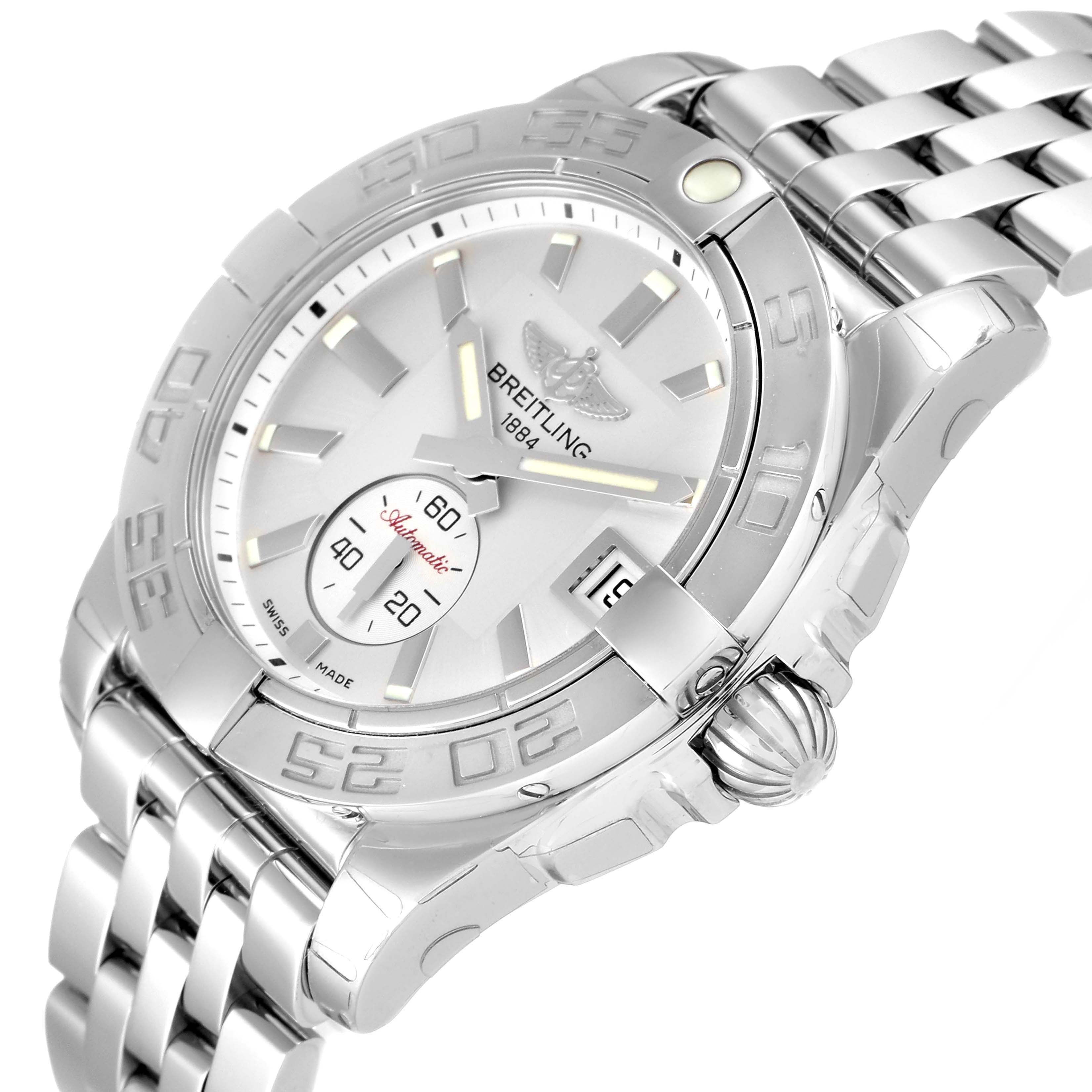 The image shows a Breitling A37330 Women's Stainless Steel Silver Dial A37330 Women's Stainless Steel Silver Dial Galactic 36 Silver Dial Steel Ladies Watch A37330 at a slight angle, highlighting the crown, bracelet, and dial.