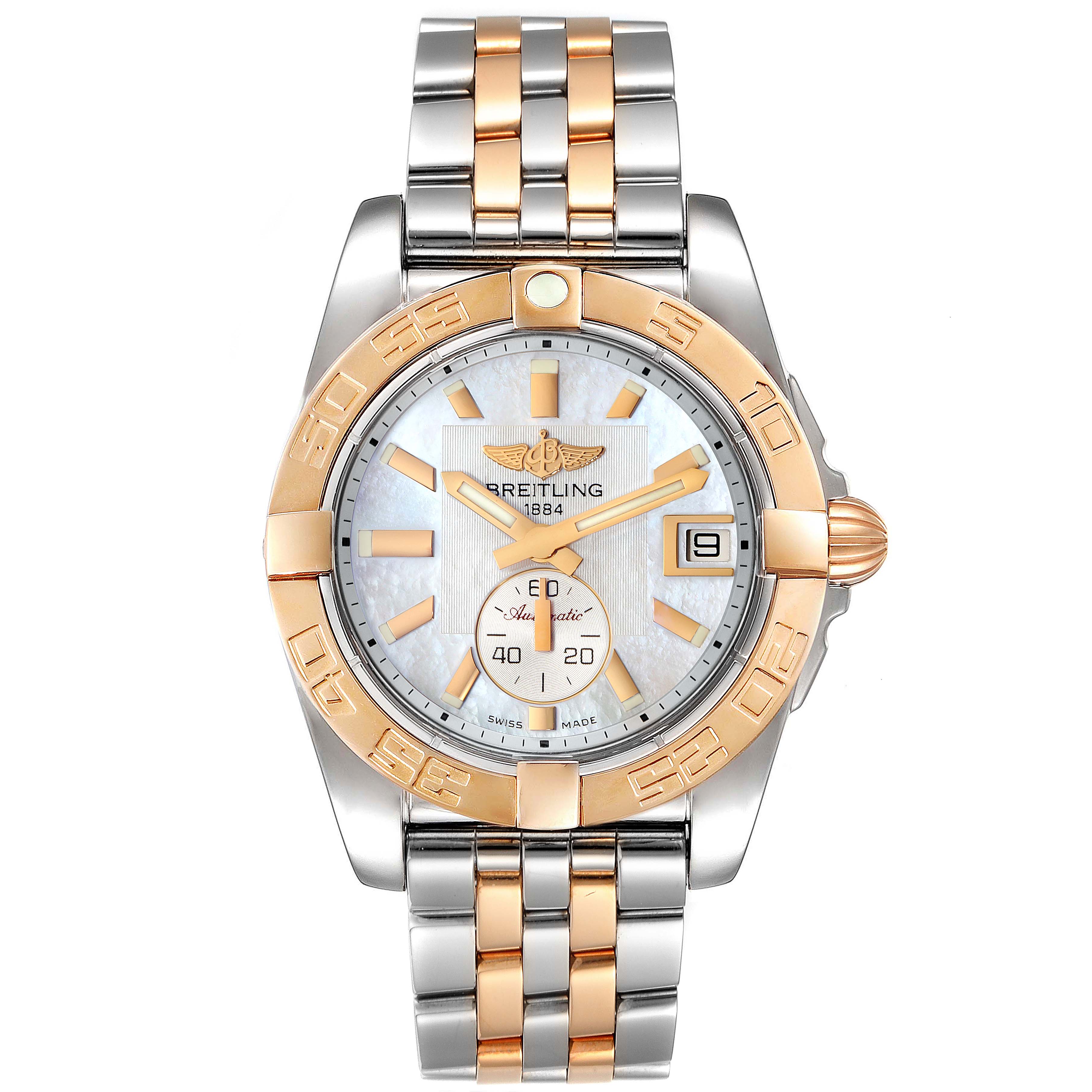 The Breitling C37330 Women's Steel and Gold (two tone) Mother of Pearl Dial C37330 Women's Steel and Gold (two tone) Mother of Pearl Dial Galactic 36 MOP Dial Steel Rose Gold Watch C37330 is shown from a front angle, highlighting its face, bezel, and bracelet.