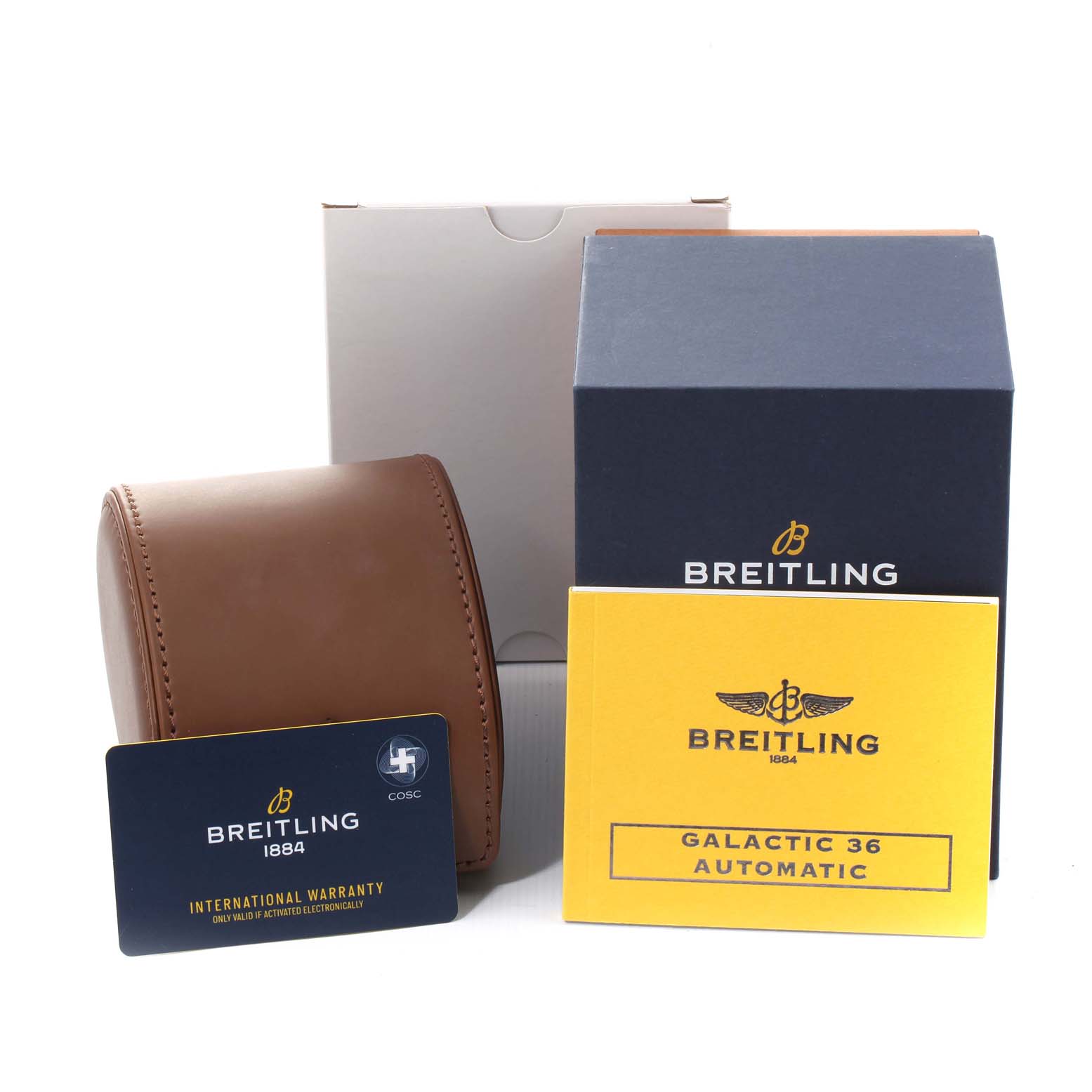 The image shows the Breitling C37330 Women's Steel and Gold (two tone) Mother of Pearl Dial C37330 Women's Steel and Gold (two tone) Mother of Pearl Dial Galactic 36 MOP Dial Steel Rose Gold Watch C37330 box, warranty card, and a brown leather case.