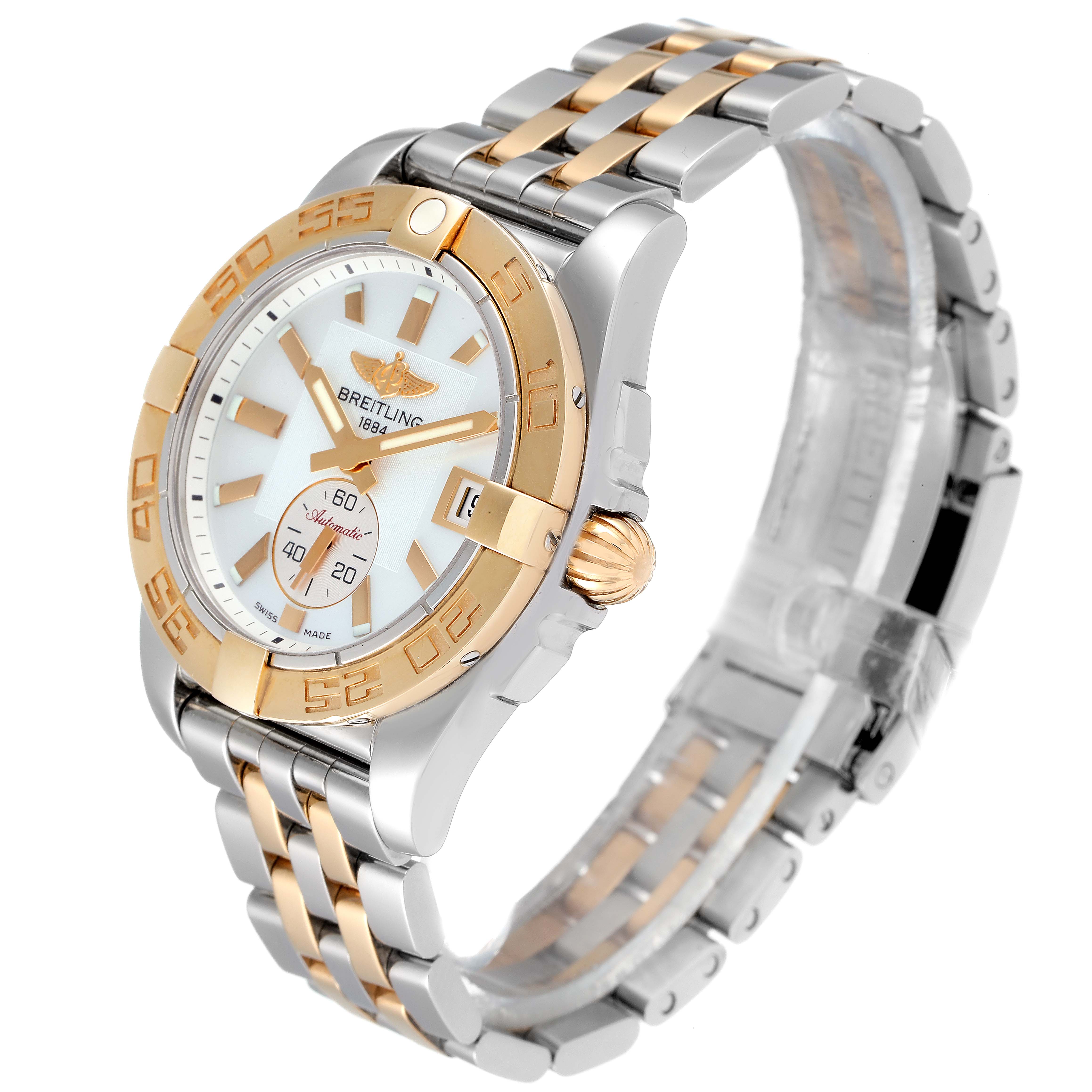 The Breitling C37330 Women's Steel and Gold (two tone) Mother of Pearl Dial C37330 Women's Steel and Gold (two tone) Mother of Pearl Dial Galactic 36 MOP Dial Steel Rose Gold Watch C37330 is shown at an angle highlighting the dial, bezel, and two-tone bracelet.