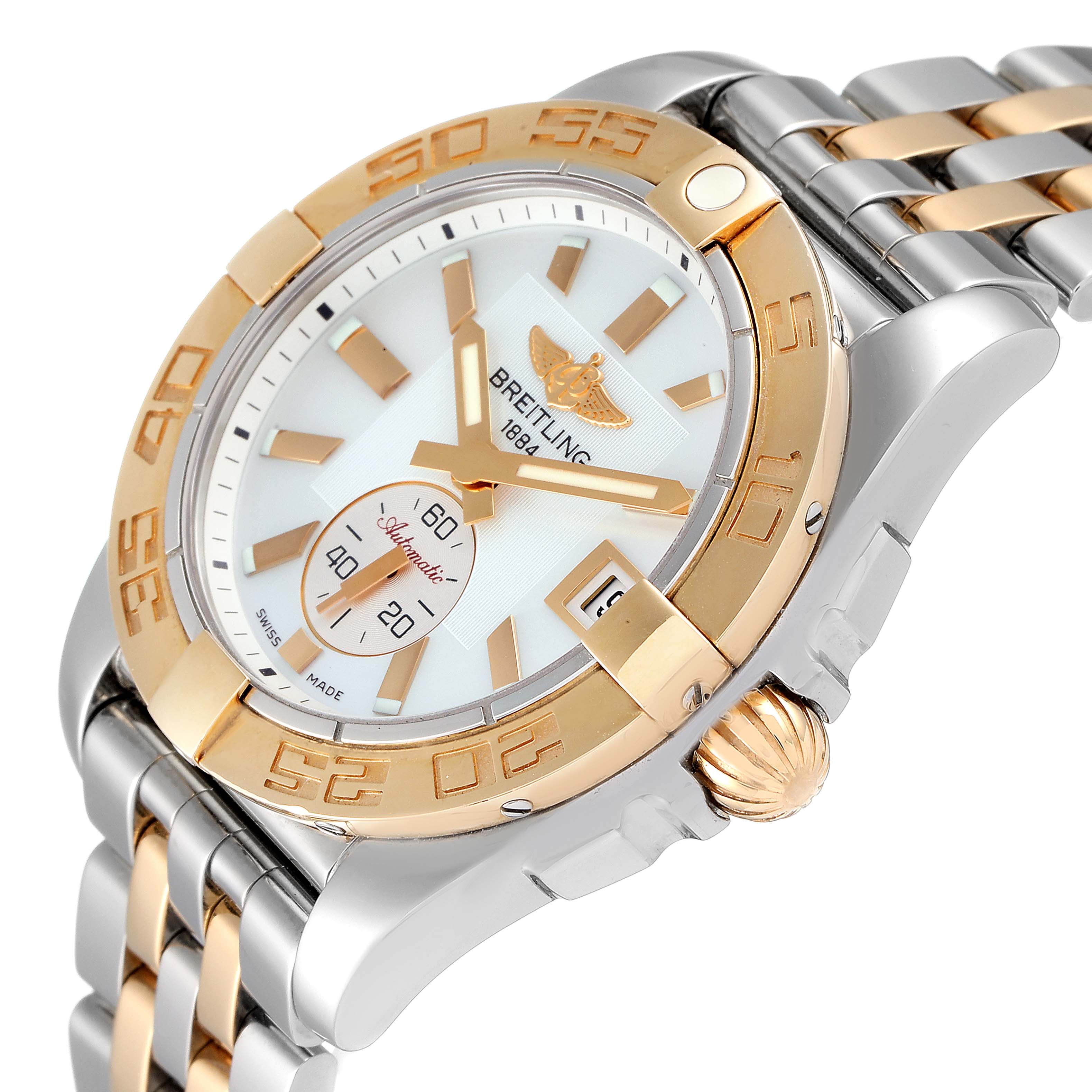 The image shows the front and side of the Breitling C37330 Women's Steel and Gold (two tone) Mother of Pearl Dial C37330 Women's Steel and Gold (two tone) Mother of Pearl Dial Galactic 36 MOP Dial Steel Rose Gold Watch C37330, highlighting the dial and bezel.
