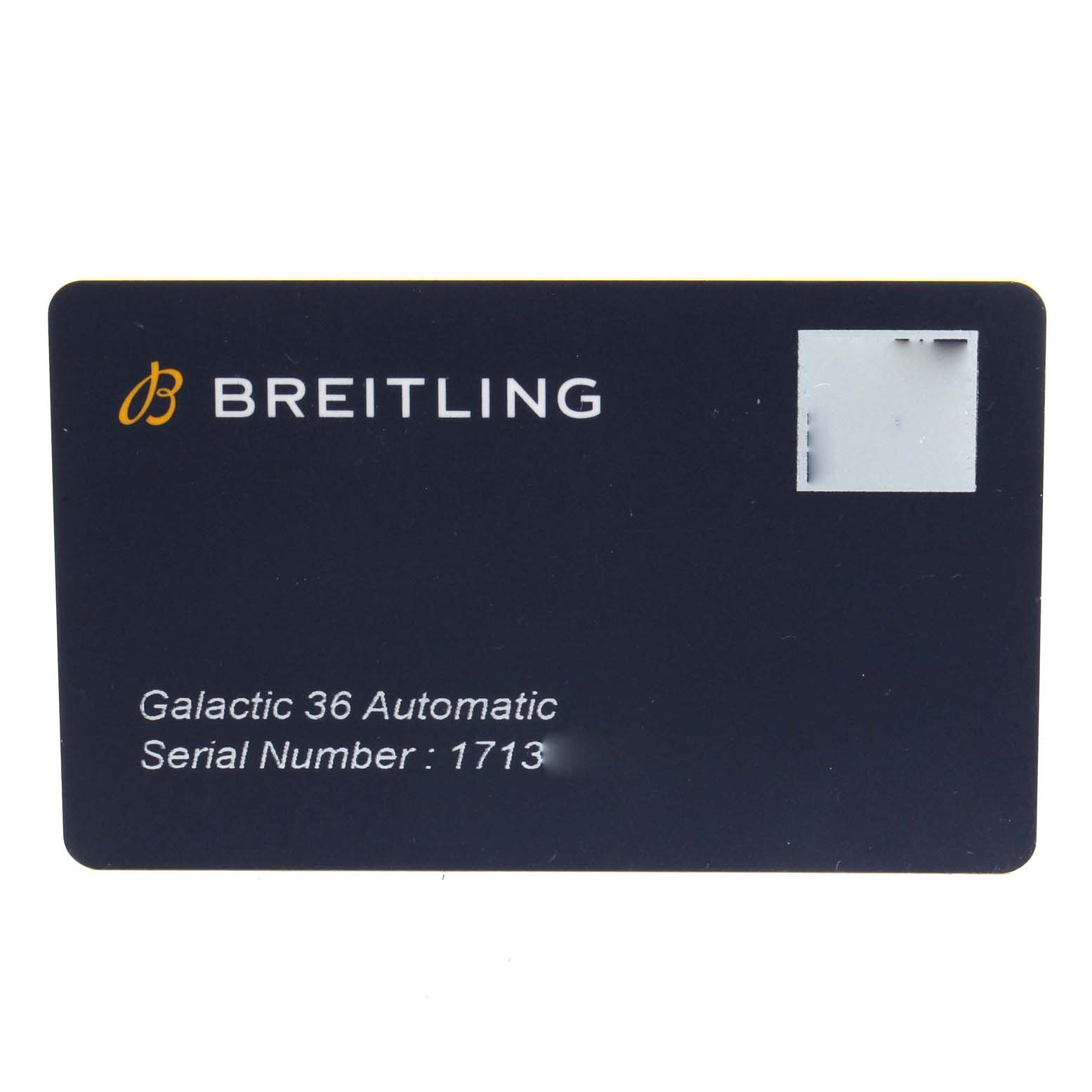 The image shows the identification card of the Breitling C37330 Women's Steel and Gold (two tone) Mother of Pearl Dial C37330 Women's Steel and Gold (two tone) Mother of Pearl Dial Galactic 36 Automatic watch, displaying the brand, model, and serial number.