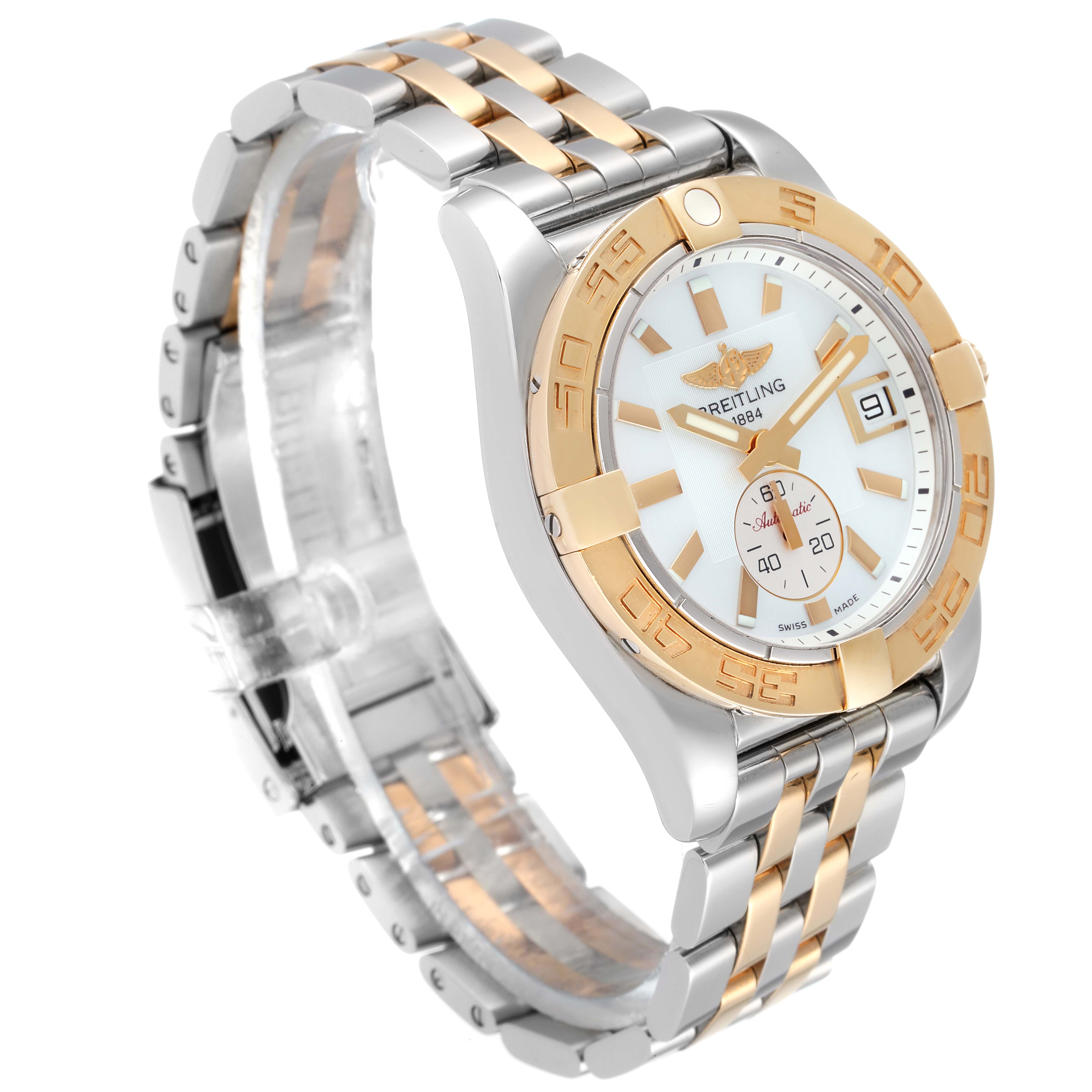 The image shows a Breitling C37330 Women's Steel and Gold (two tone) Mother of Pearl Dial C37330 Women's Steel and Gold (two tone) Mother of Pearl Dial Galactic 36 MOP Dial Steel Rose Gold Watch C37330 at a front-side angle, highlighting its two-tone bracelet and dial.