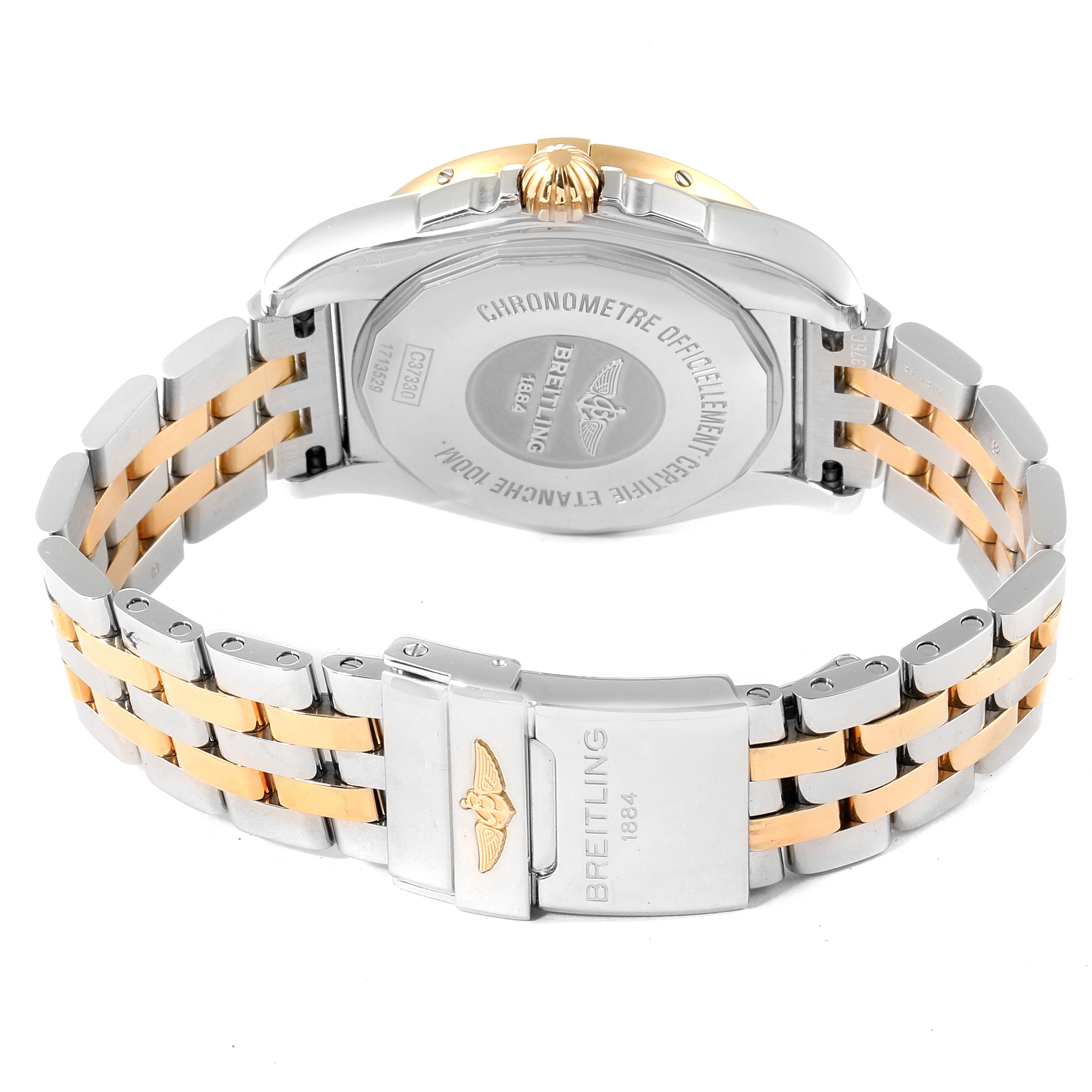 The image shows the back view and bracelet of the Breitling C37330 Women's Steel and Gold (two tone) Mother of Pearl Dial C37330 Women's Steel and Gold (two tone) Mother of Pearl Dial Galactic 36 MOP Dial Steel Rose Gold Watch C37330.