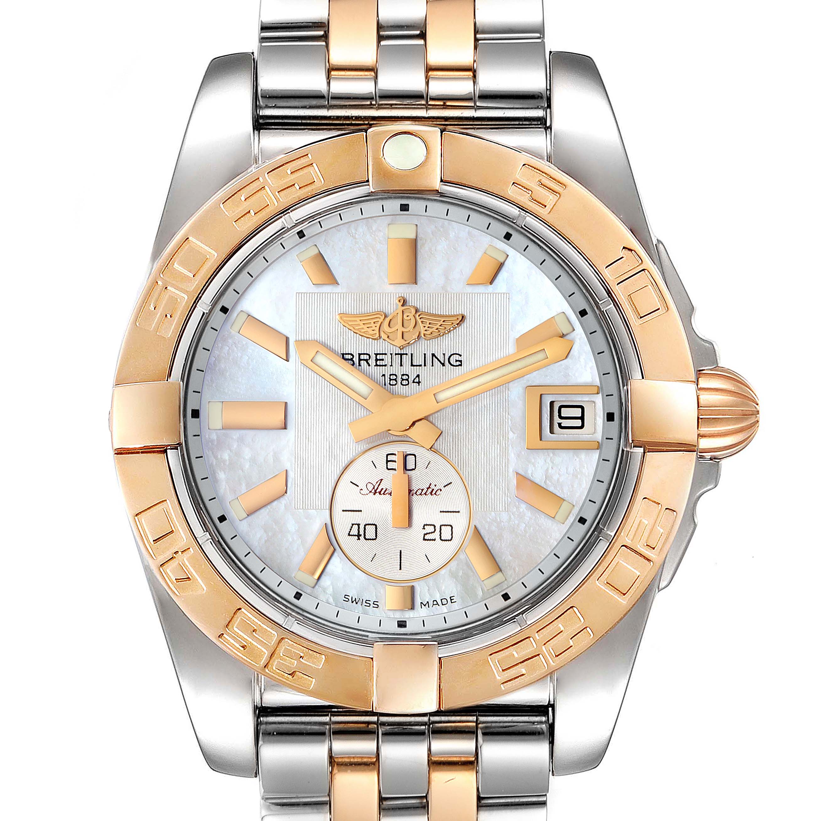 This image shows a front view of the Breitling C37330 Women's Steel and Gold (two tone) Mother of Pearl Dial C37330 Women's Steel and Gold (two tone) Mother of Pearl Dial Galactic 36 MOP Dial Steel Rose Gold model C37330 watch, displaying the face, bezel, and a portion of the bracelet.