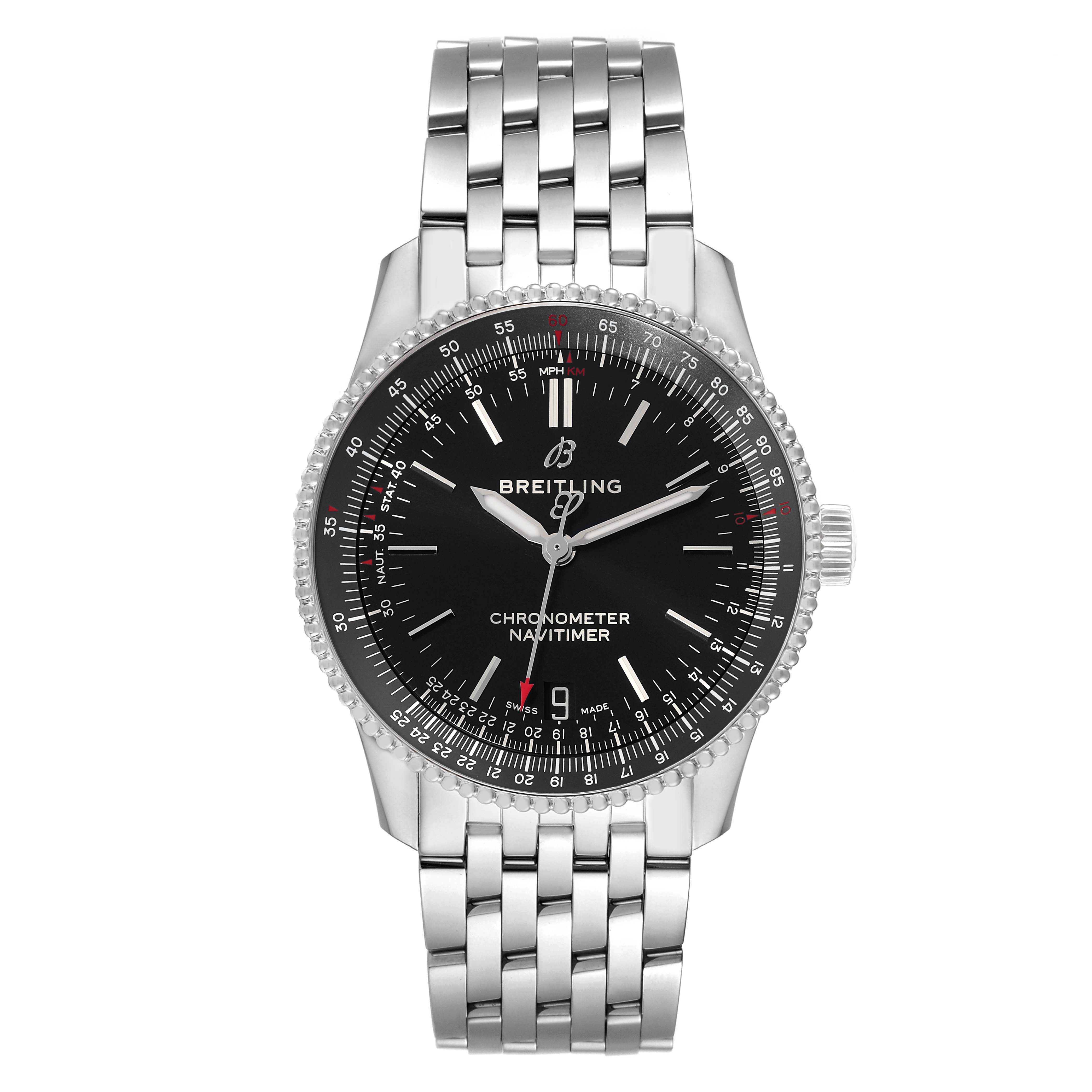 The image shows a front view of a Breitling Navitimer A17325 Men's Stainless Steel Black Dial A17325 Men's Stainless Steel Black Dial watch, displaying the face, bezel, crown, and metal bracelet.