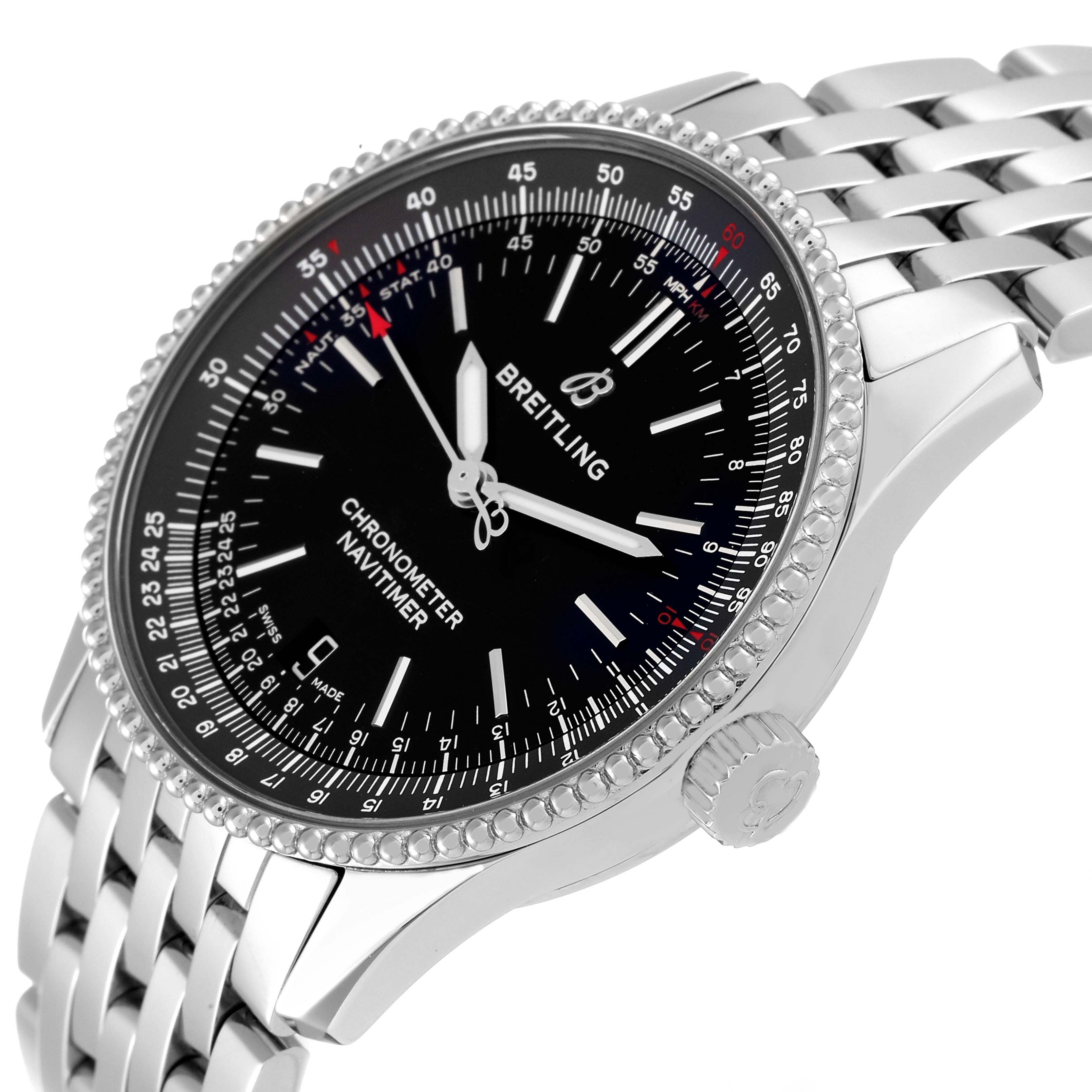The Breitling Navitimer A17325 Men's Stainless Steel Black Dial A17325 Men's Stainless Steel Black Dial watch is shown at a slight side angle, highlighting the dial, bezel, and metal bracelet.