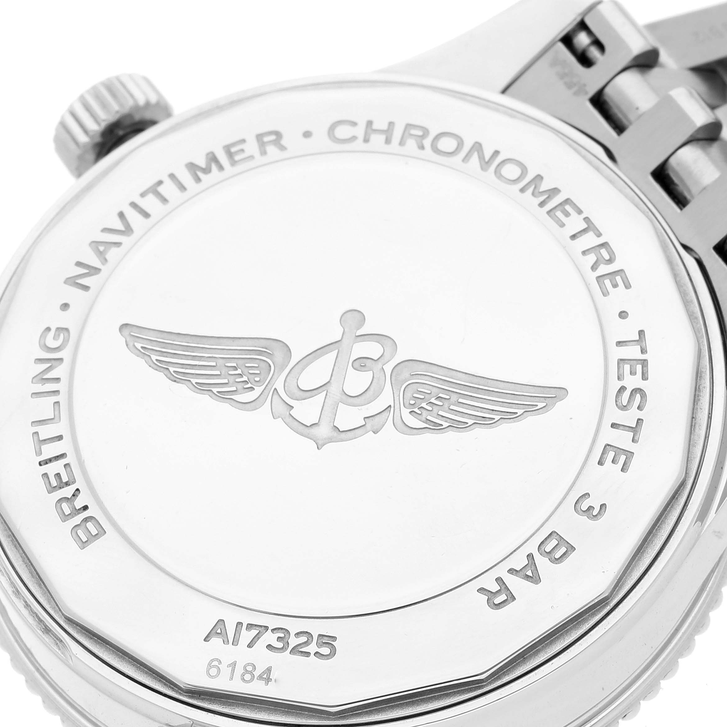 The image shows the case back of a Breitling Navitimer A17325 Men's Stainless Steel Black Dial A17325 Men's Stainless Steel Black Dial watch featuring the brand's logo and model information.