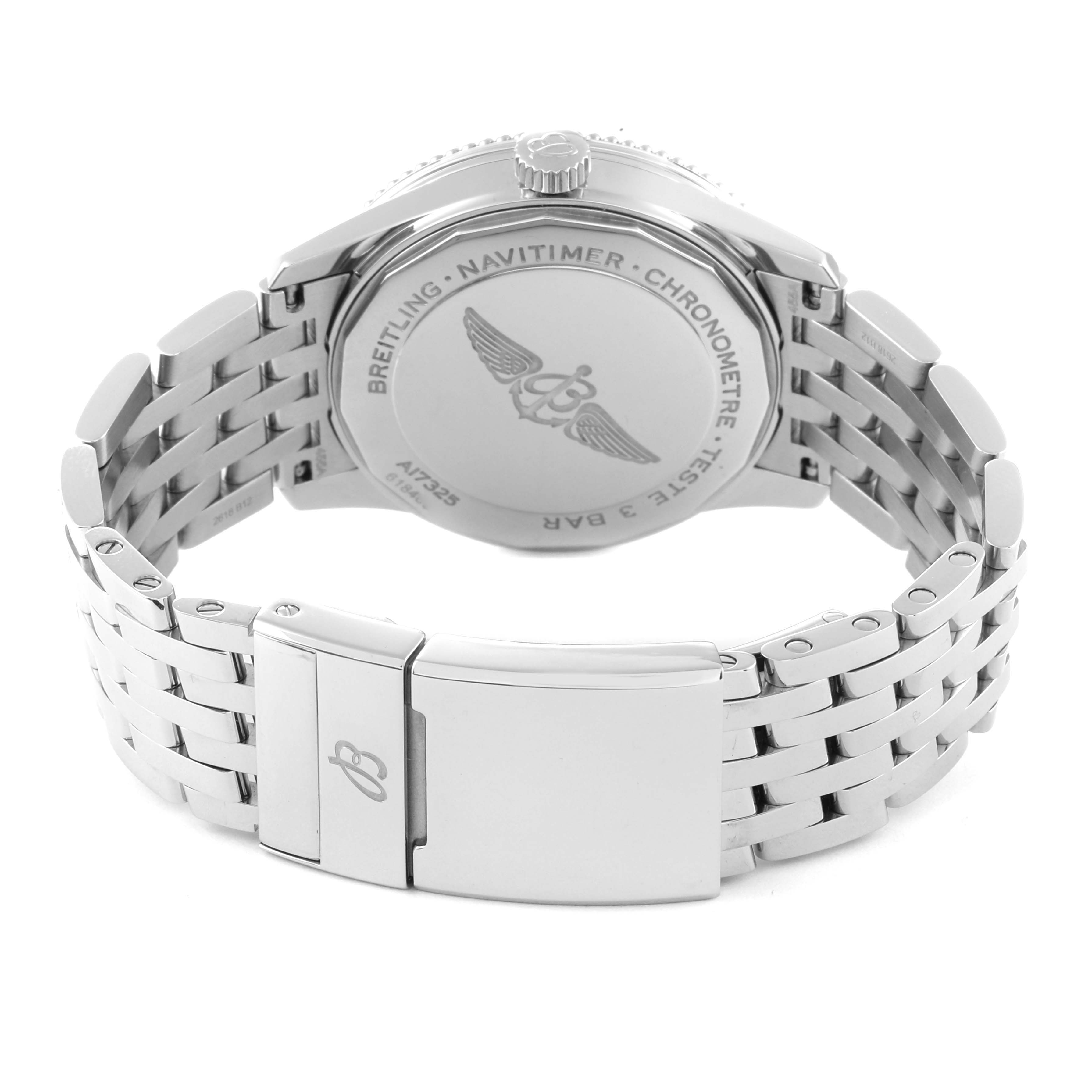 The image shows the back casing and metal bracelet of a Breitling Navitimer A17325 Men's Stainless Steel Black Dial A17325 Men's Stainless Steel Black Dial watch, focusing on the clasp and case back.