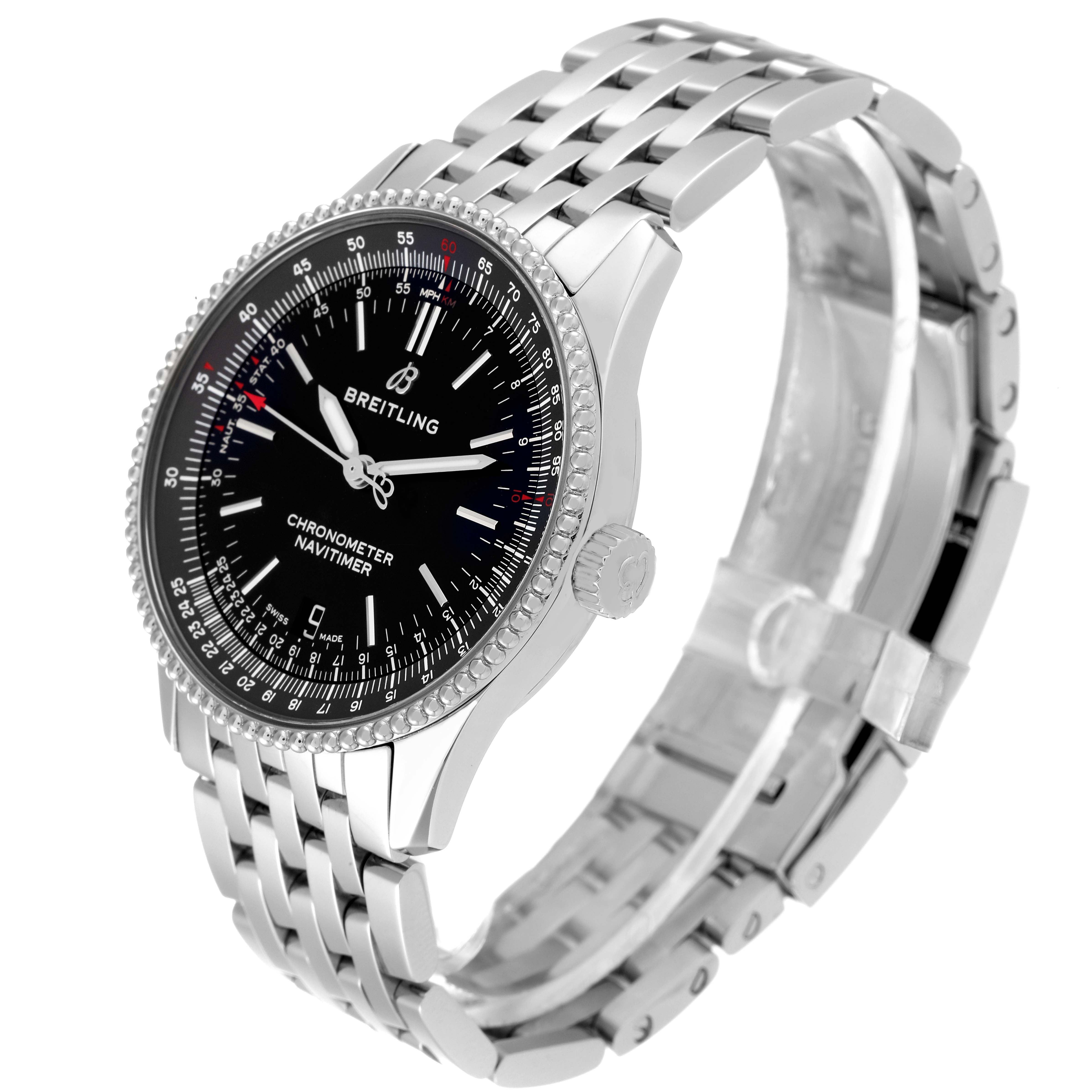 The Breitling Navitimer A17325 Men's Stainless Steel Black Dial A17325 Men's Stainless Steel Black Dial watch is shown at a front-left angled view, displaying the dial, bezel, crown, and metal bracelet.
