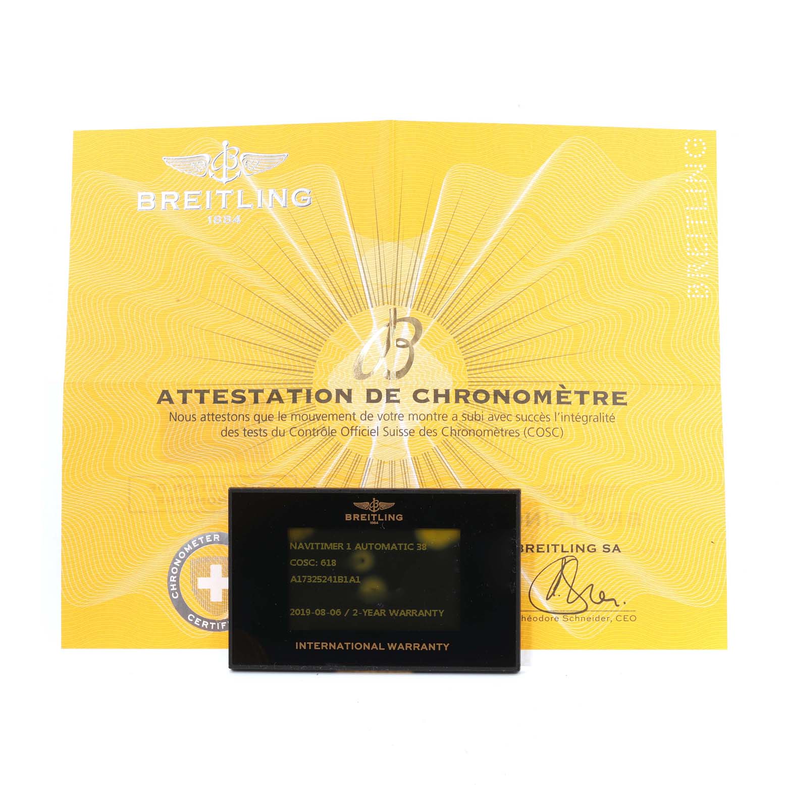 The image shows an official Warranty and Chronometer attestation certificate for the Breitling Navitimer A17325 Men's Stainless Steel Black Dial A17325 Men's Stainless Steel Black Dial 1 Automatic 38.