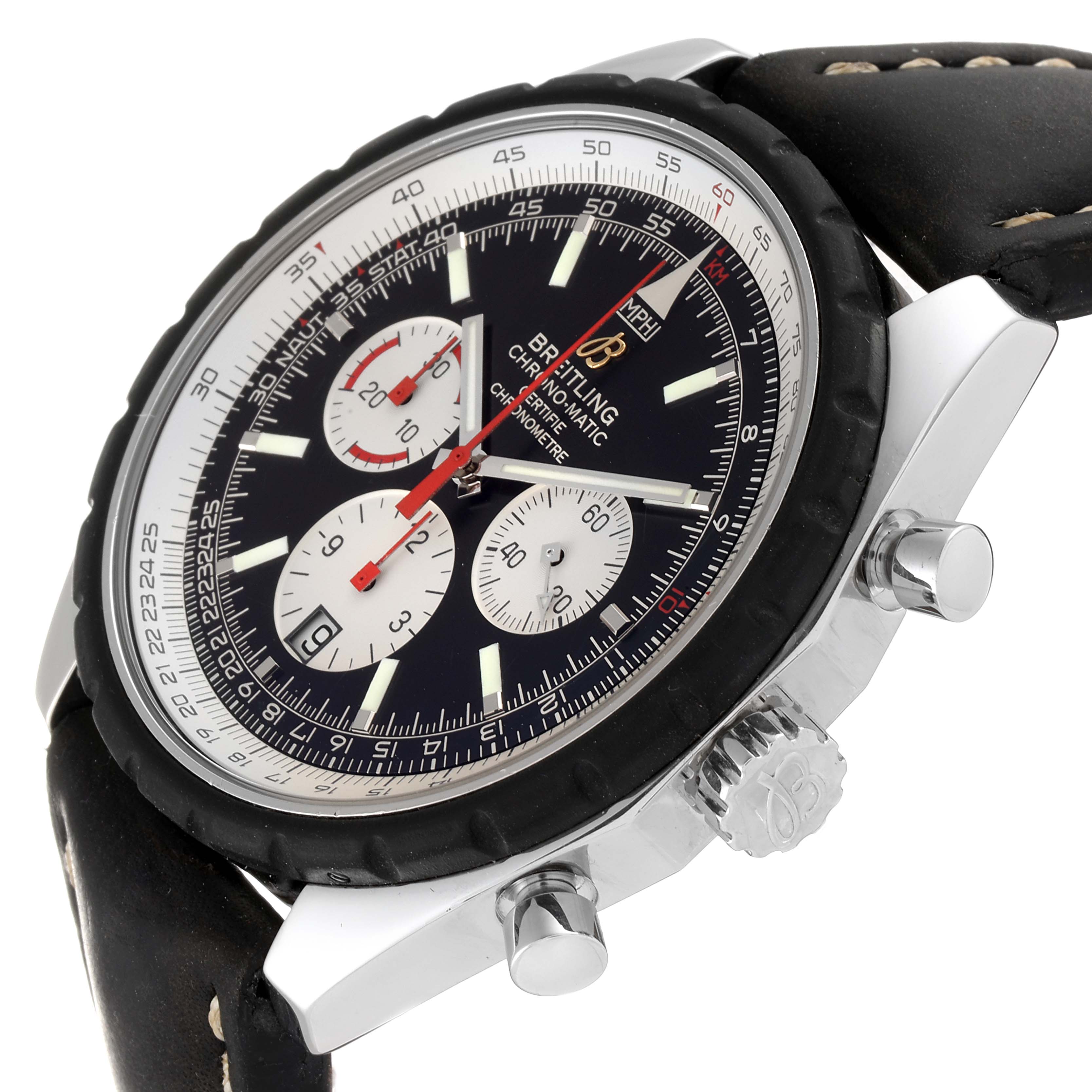 This image shows a side and front angle of the Breitling Chronomatic A14360 Men's Stainless Steel Black Dial A14360 Men's Stainless Steel Black Dial watch, displaying its dial, bezel, crown, pushers, and leather strap.