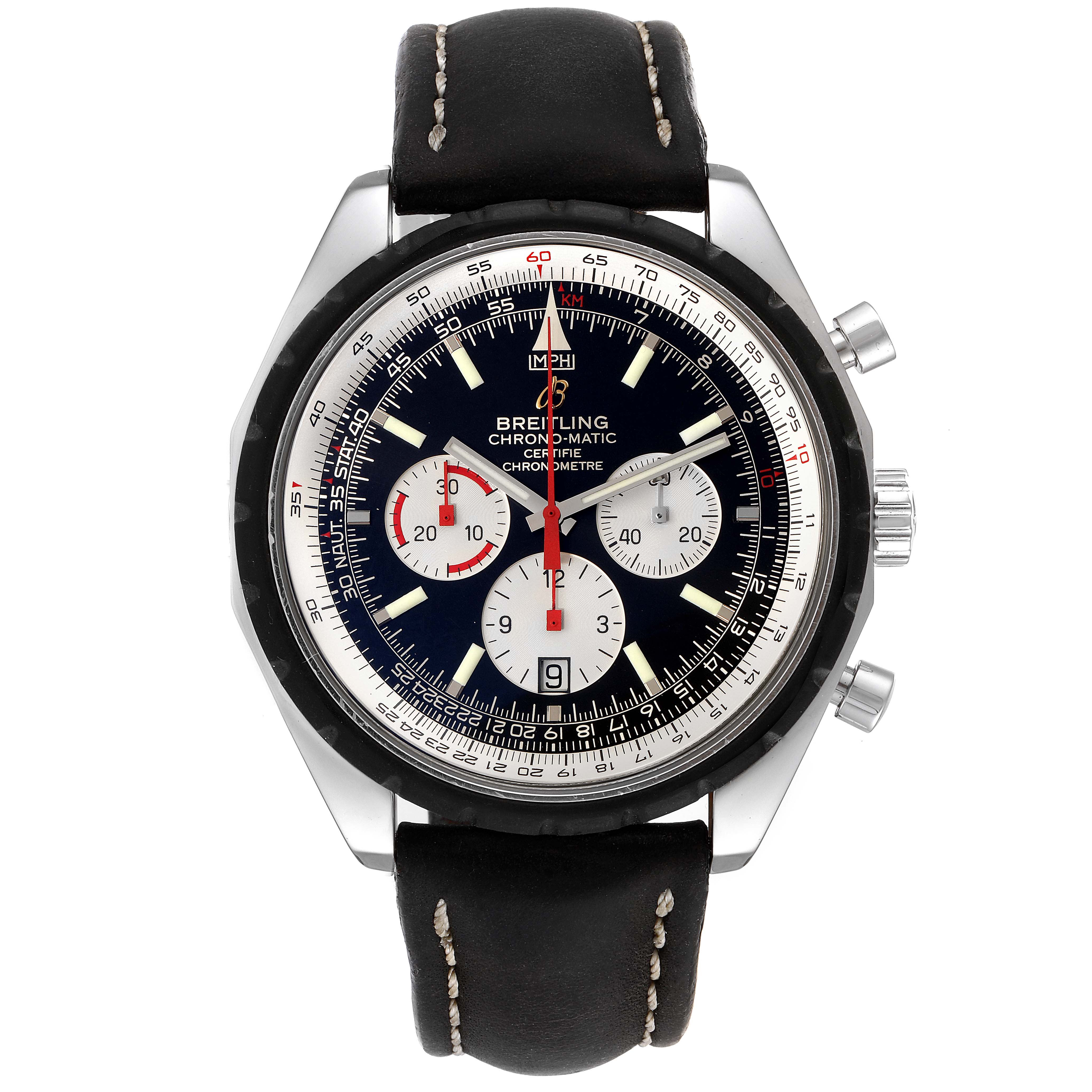 The Breitling Chronomatic A14360 Men's Stainless Steel Black Dial A14360 Men's Stainless Steel Black Dial watch is shown from a top-down angle, displaying its face, dial, subdials, and black leather strap.