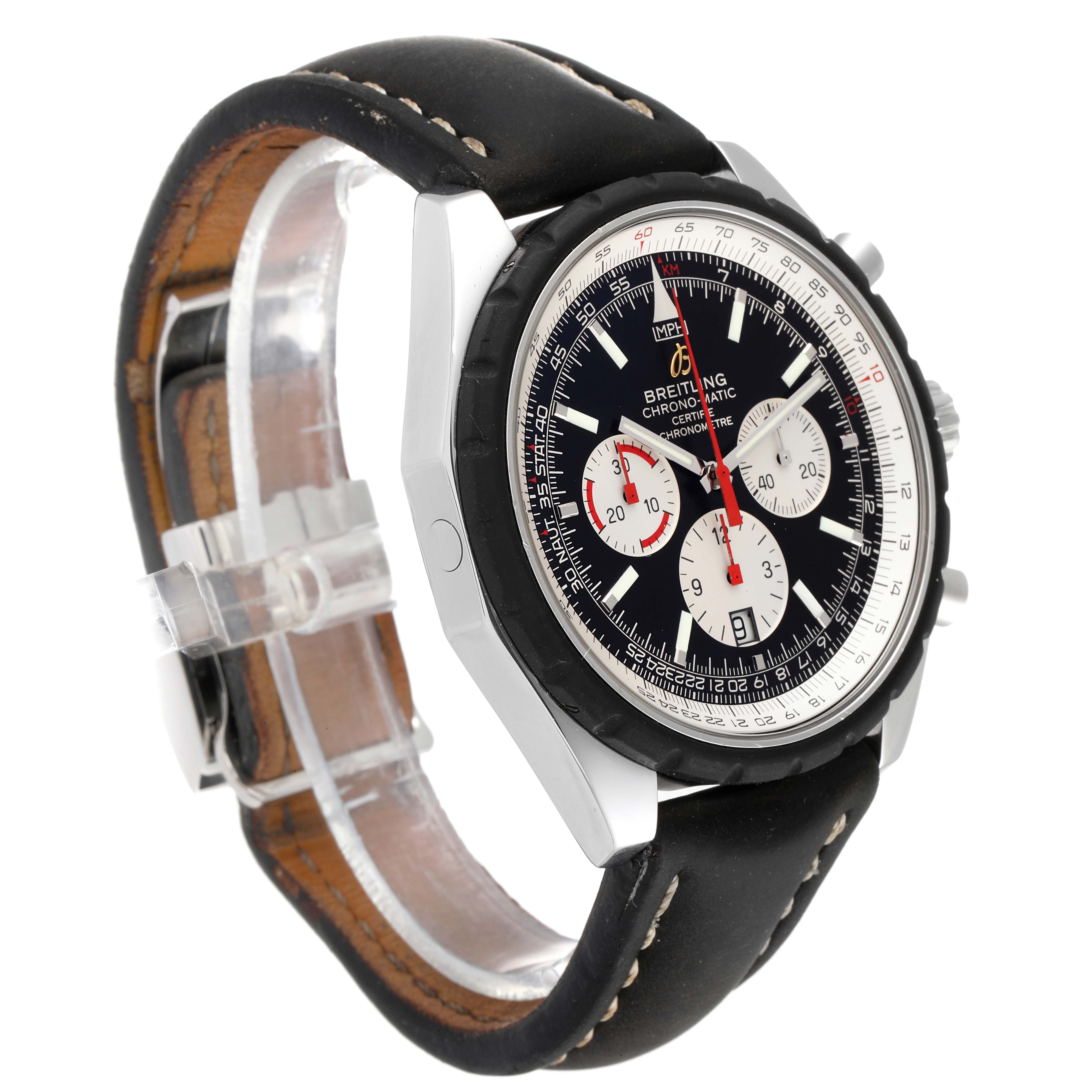 This image shows an angled side view of a Breitling Chronomatic A14360 Men's Stainless Steel Black Dial A14360 Men's Stainless Steel Black Dial watch, highlighting the bezel, dial, and leather strap.