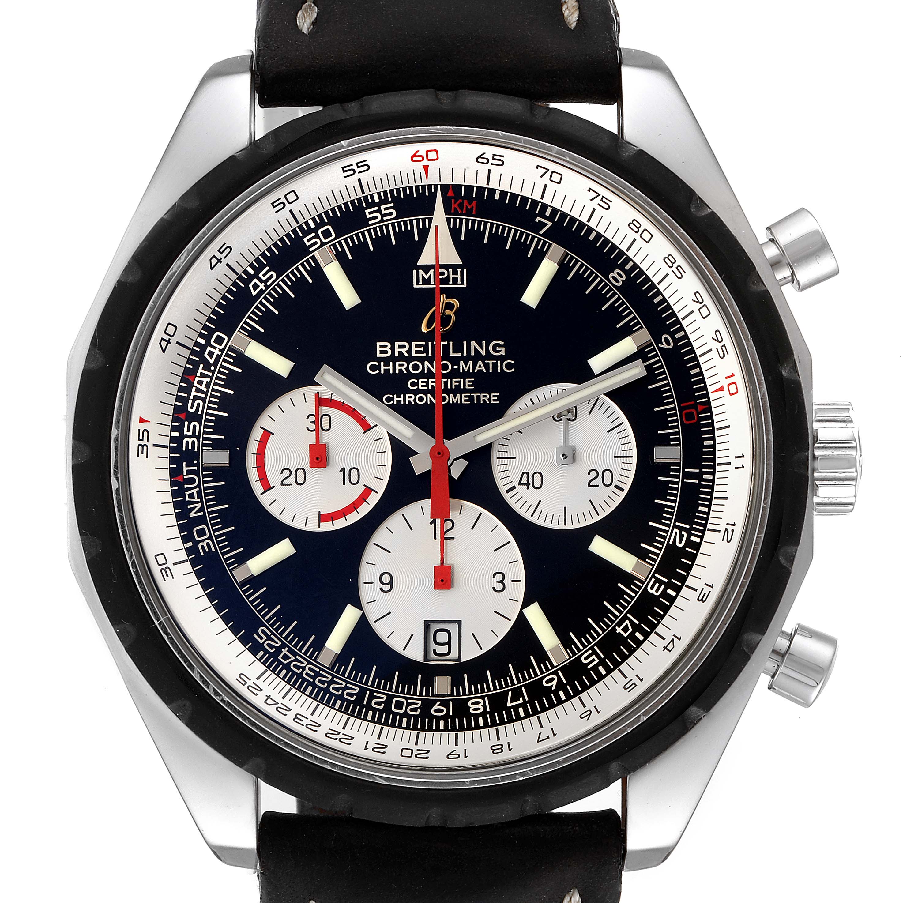 The image shows a front view of the Breitling Chronomatic A14360 Men's Stainless Steel Black Dial A14360 Men's Stainless Steel Black Dial watch, highlighting its dial, subdials, and bezel.