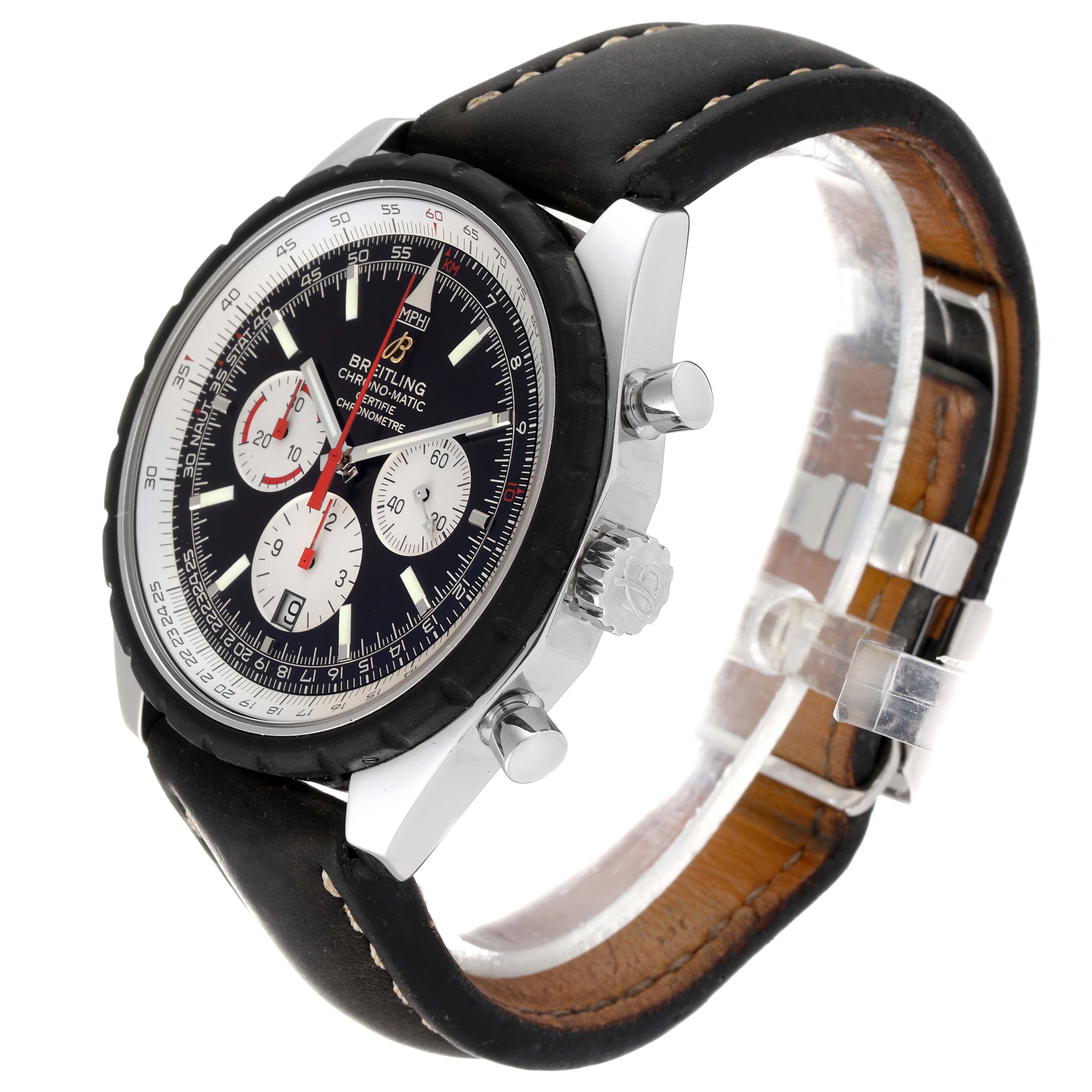 The image shows a side-angle view of a Breitling Chronomatic A14360 Men's Stainless Steel Black Dial A14360 Men's Stainless Steel Black Dial watch, featuring its dial, bezel, crown, and leather strap.