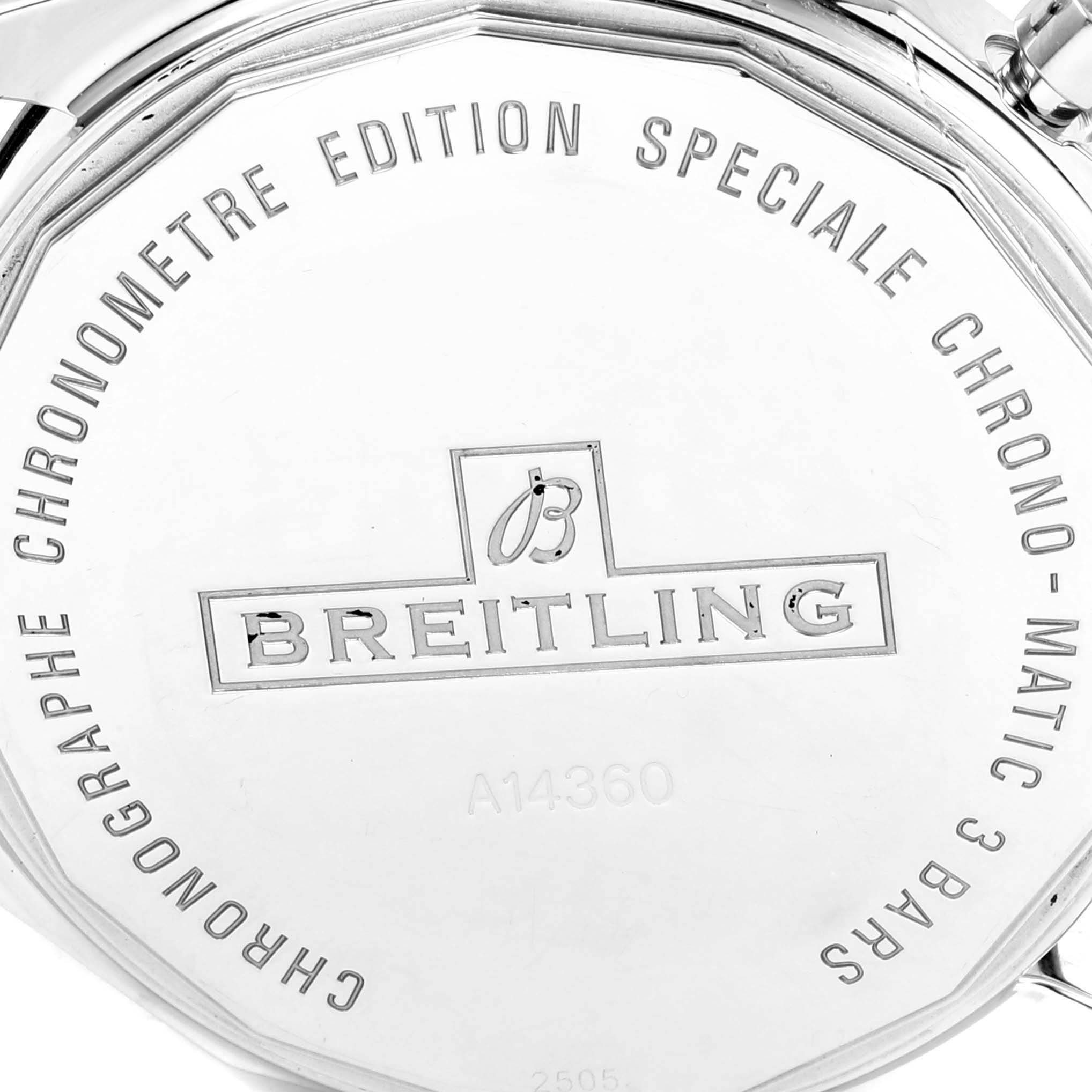 The image shows the case back of a Breitling Chronomatic A14360 Men's Stainless Steel Black Dial A14360 Men's Stainless Steel Black Dial watch engraved with its model details.