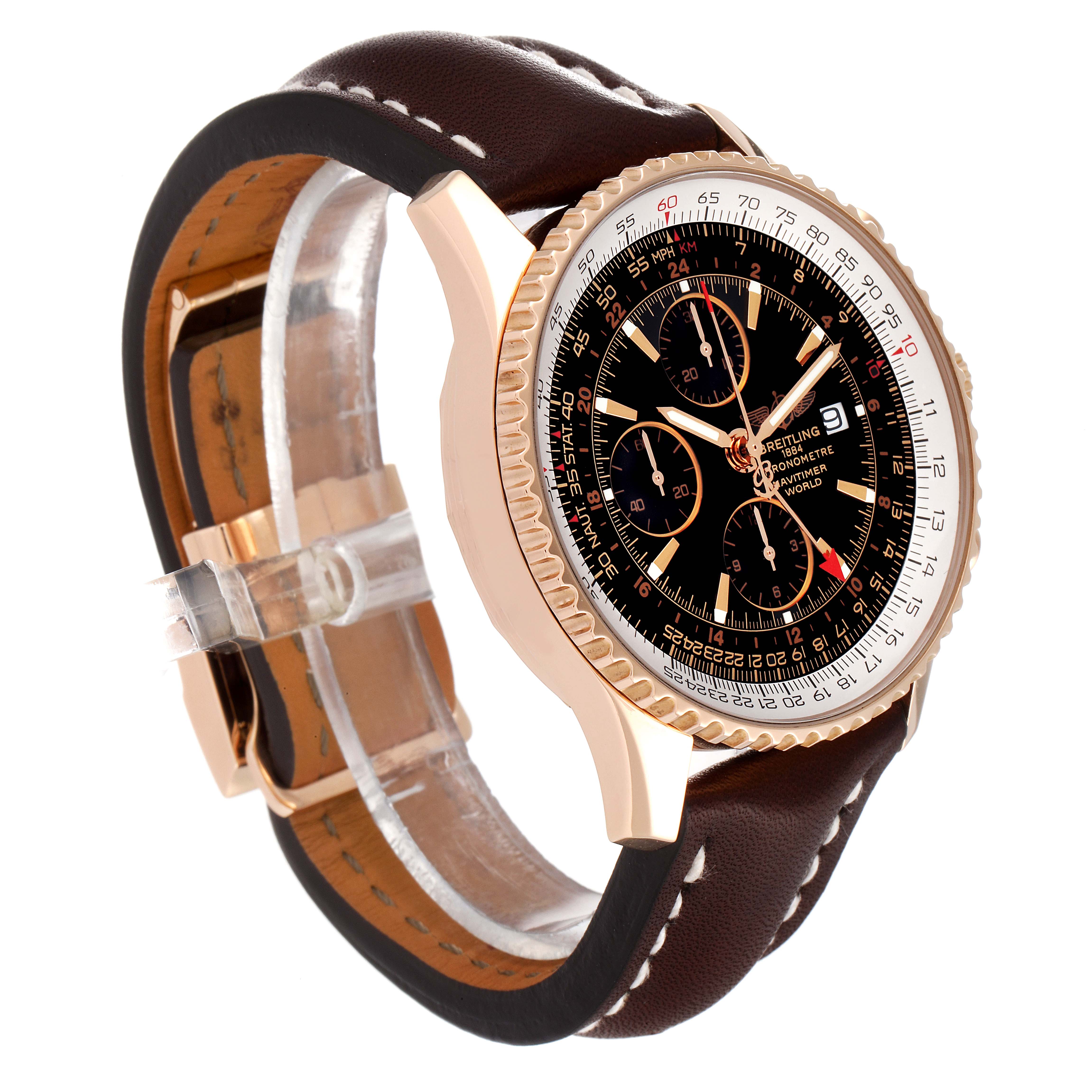 The image shows a side angle of the Breitling Navitimer H24322 Men
s Rose Gold Black Dial H24322 Men
s Rose Gold Black Dial watch, featuring its face, bezel, and brown leather strap.