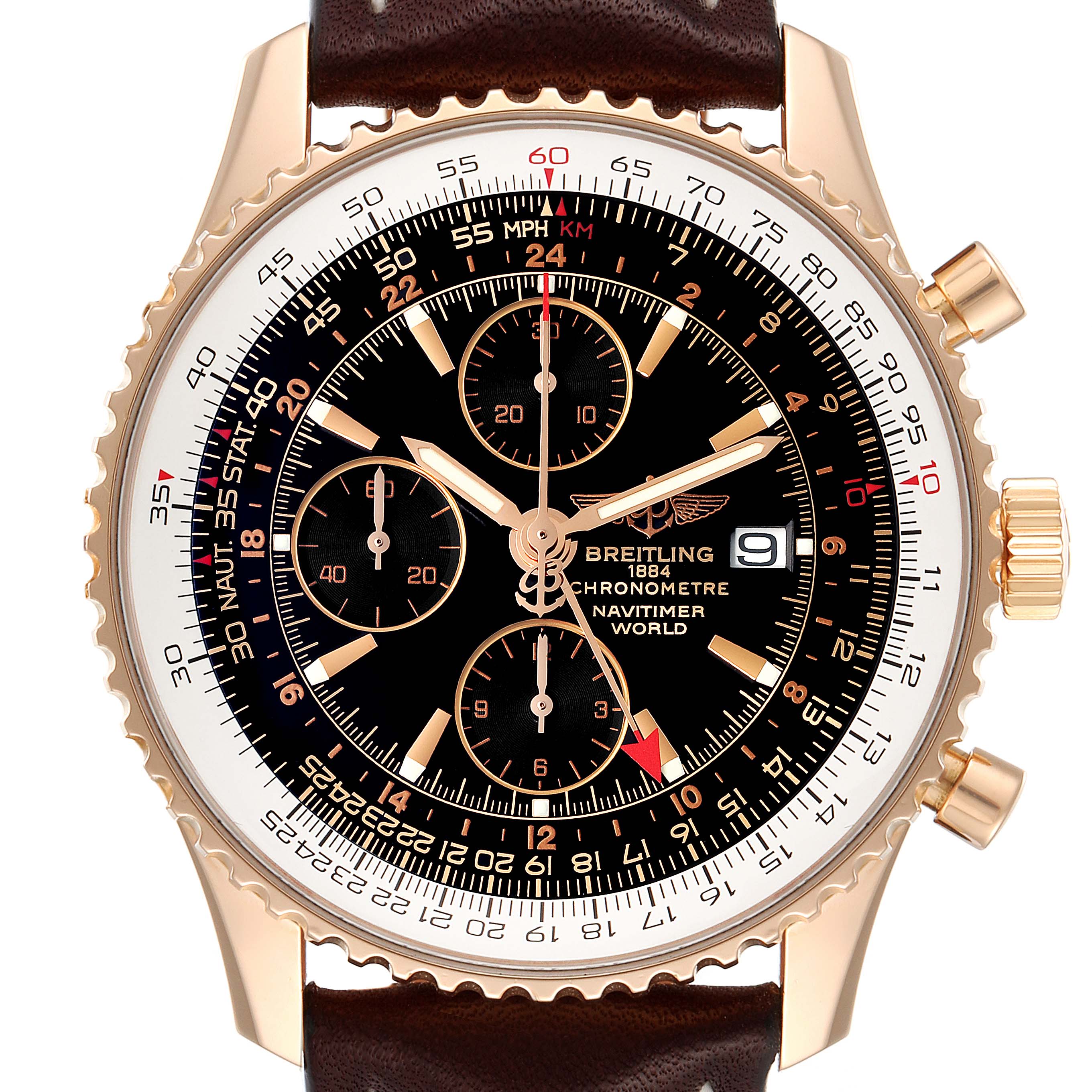 This is a close-up, front view of the Breitling Navitimer H24322 Men
s Rose Gold Black Dial H24322 Men
s Rose Gold Black Dial watch showing the dial, hands, subdials, date window, and bezel.