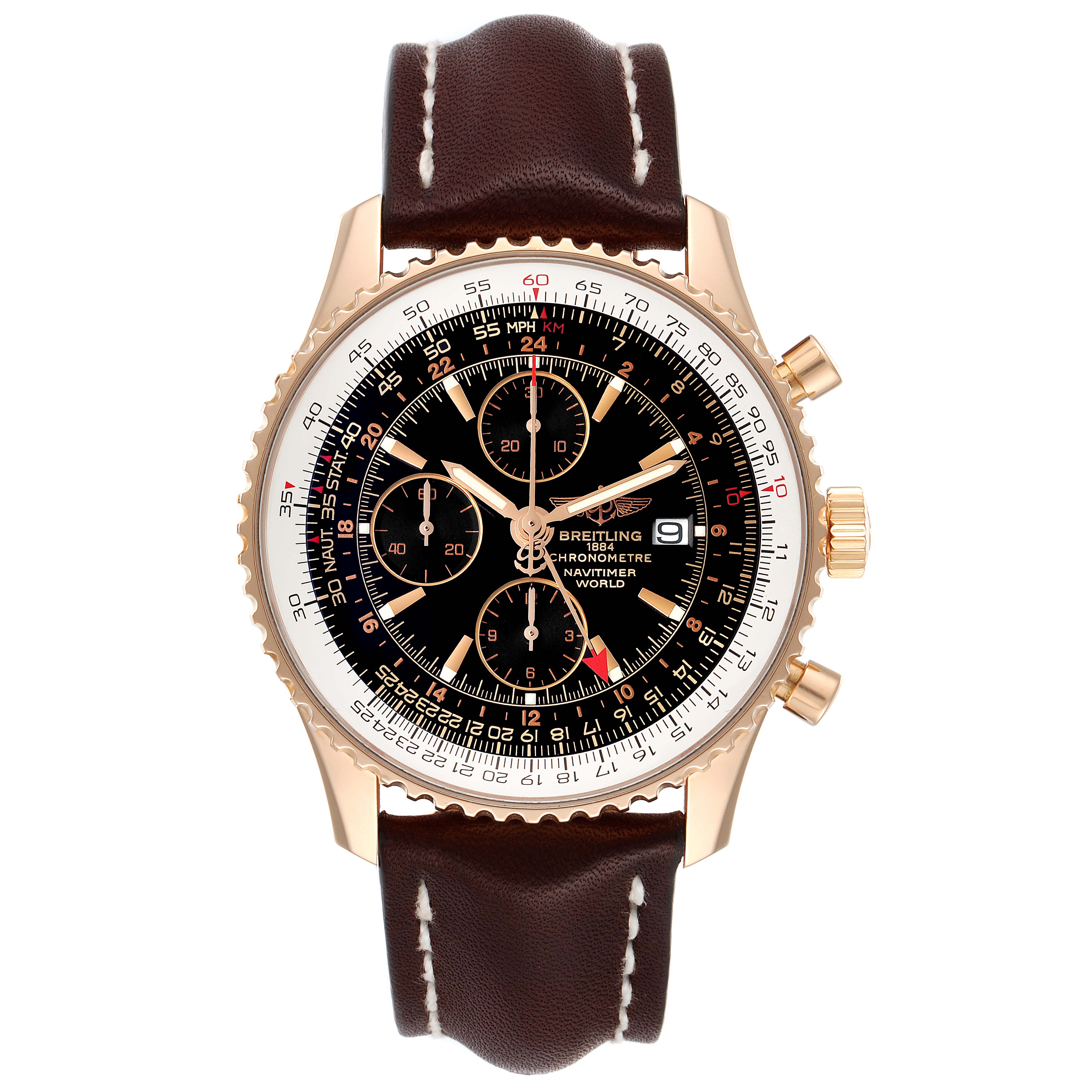 This image shows a front view of a Breitling Navitimer H24322 Men
s Rose Gold Black Dial H24322 Men
s Rose Gold Black Dial watch, highlighting its dial, bezel, crown, pushers, and leather strap.