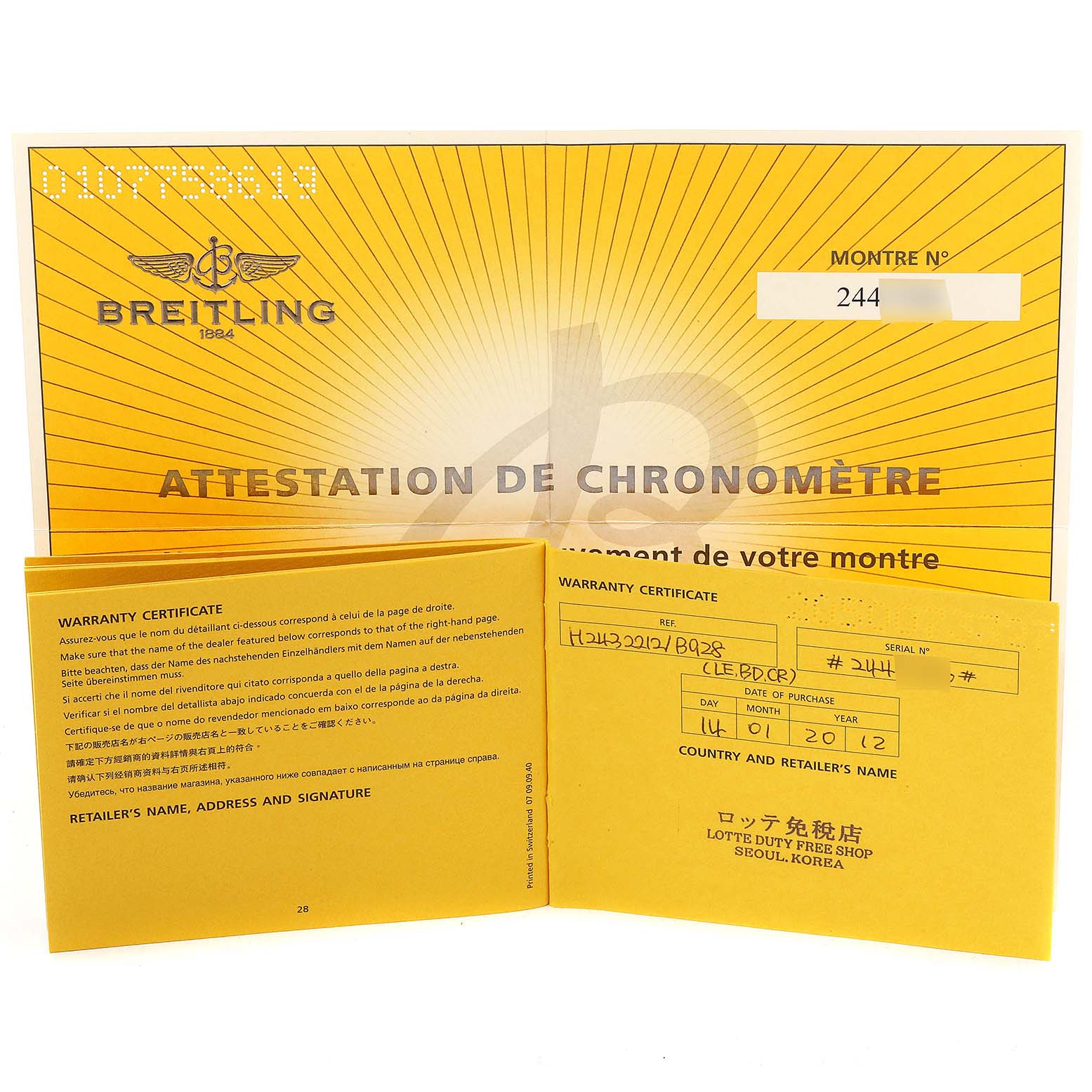 The image shows the warranty certificate and attestation of chronometer for the Breitling Navitimer H24322 Men
s Rose Gold Black Dial H24322 Men
s Rose Gold Black Dial model.