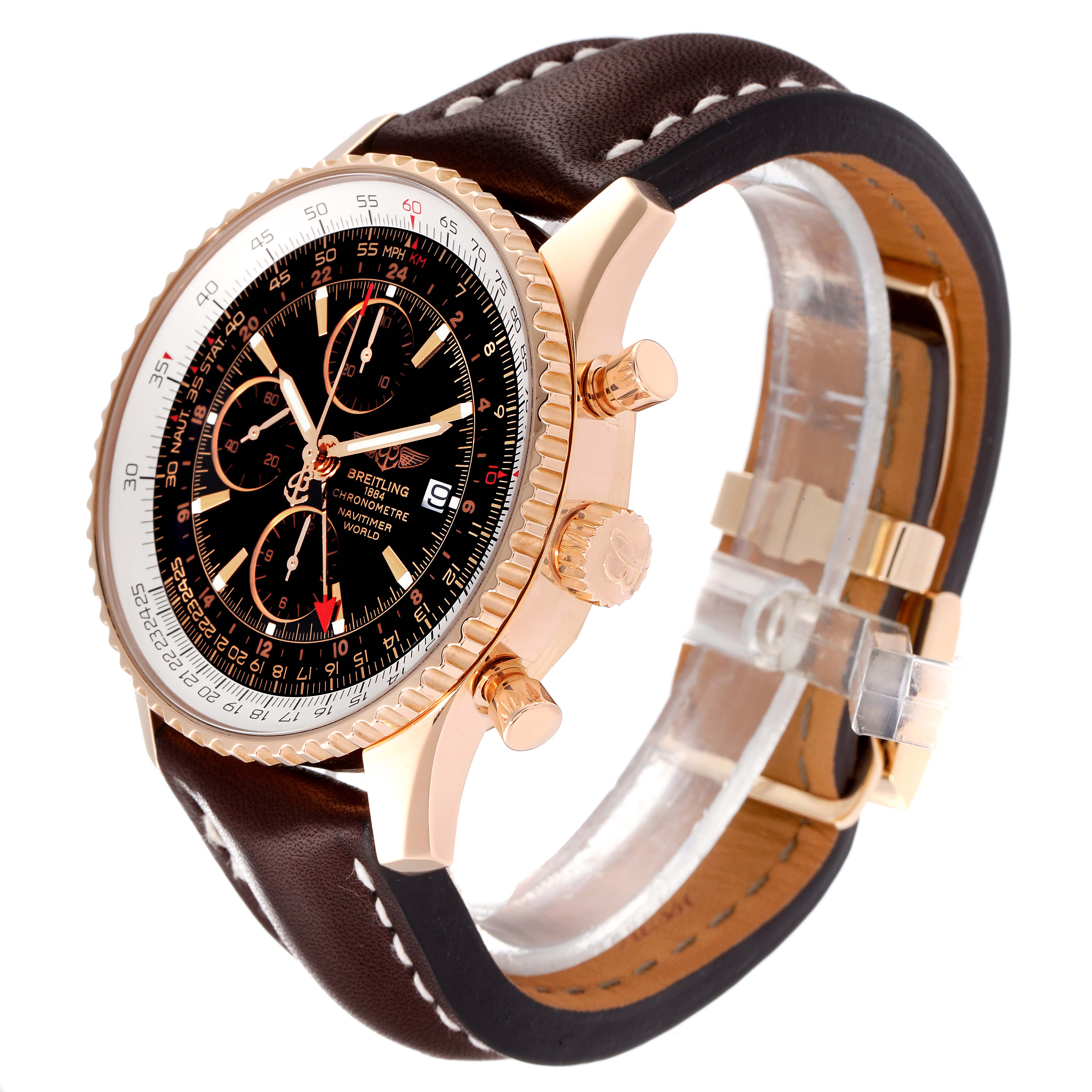 The Breitling Navitimer H24322 Men
s Rose Gold Black Dial H24322 Men
s Rose Gold Black Dial watch is shown at a three-quarter angle, highlighting the face, crown, and leather strap.