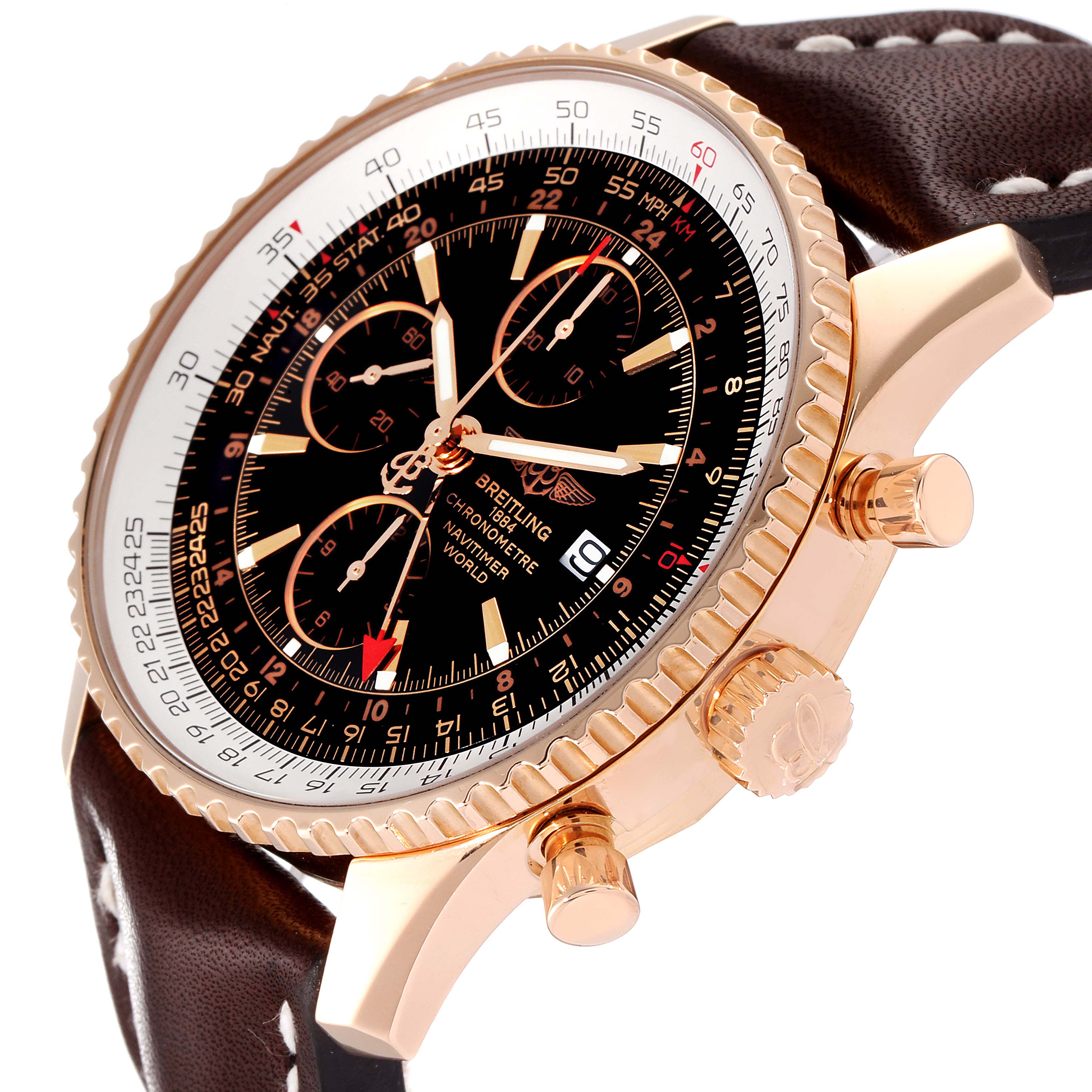 The Breitling Navitimer H24322 Men
s Rose Gold Black Dial H24322 Men
s Rose Gold Black Dial watch is shown at a slight angle, highlighting the dial, chronograph subdials, bezel, and side pushers.
