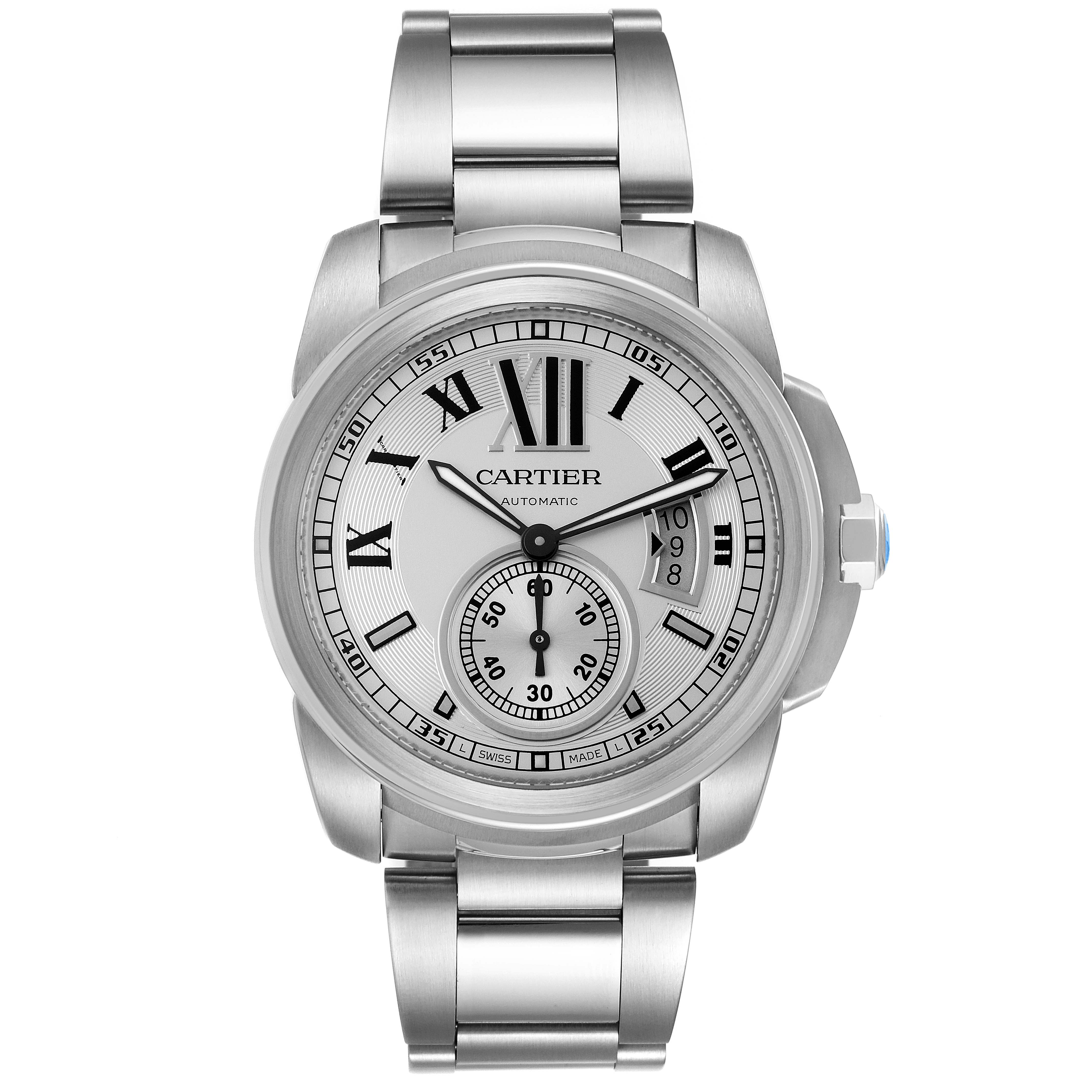 The image shows a front view of the Calibre de Cartier watch by Cartier with its full dial and metal bracelet visible.