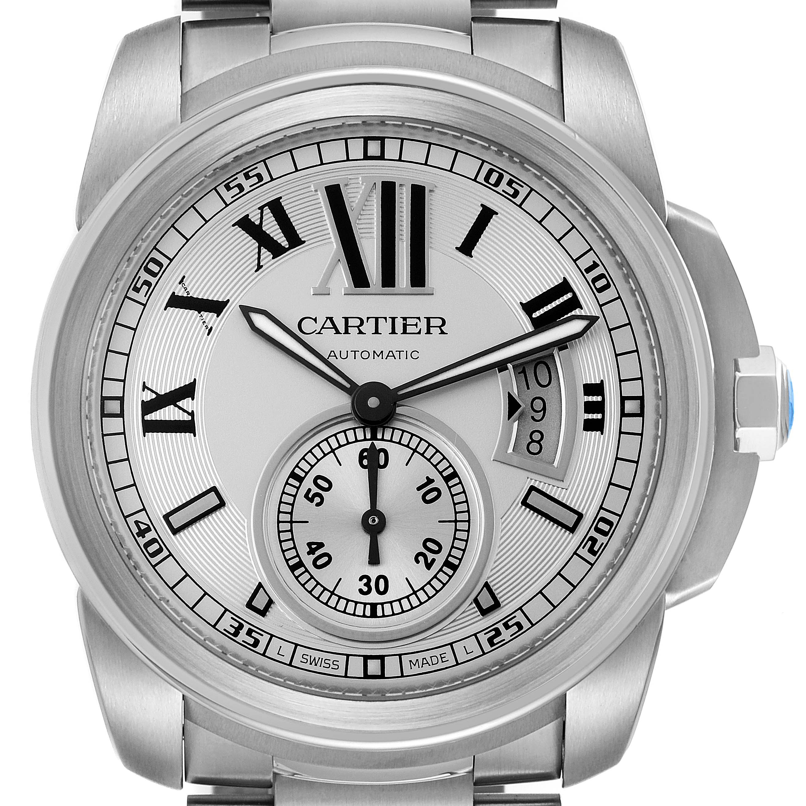 This image shows a front view of the Calibre de Cartier watch by Cartier, highlighting its dial, hands, and date window.