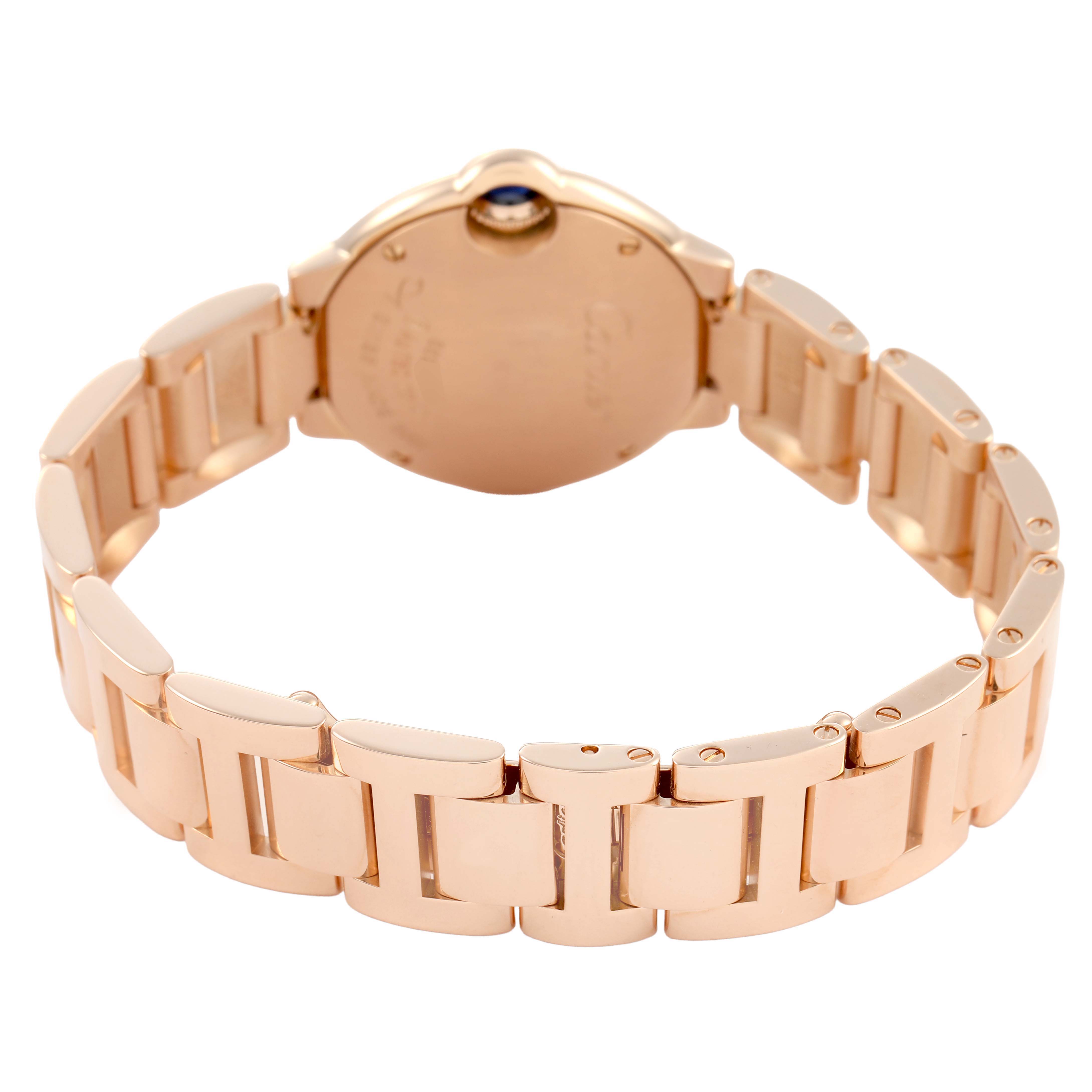 The image shows the back view of the Cartier Ballon Bleu W69002Z2 Women's Rose Gold Silver Dial watch, highlighting the bracelet and case back.
