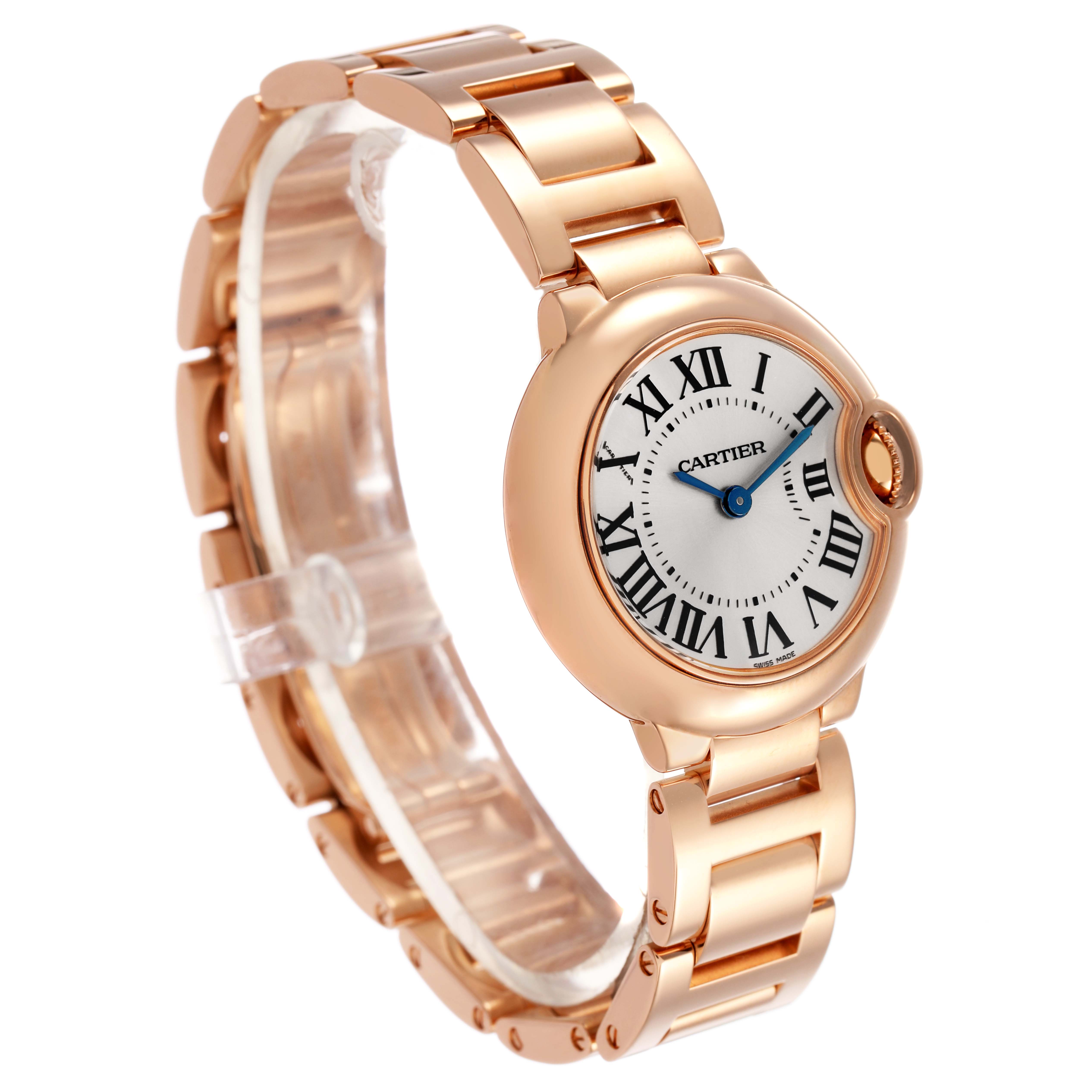 The Cartier Ballon Bleu W69002Z2 Women's Rose Gold Silver Dial watch is shown at an angled side view, displaying the round case, bracelet, and classic Roman numeral dial.