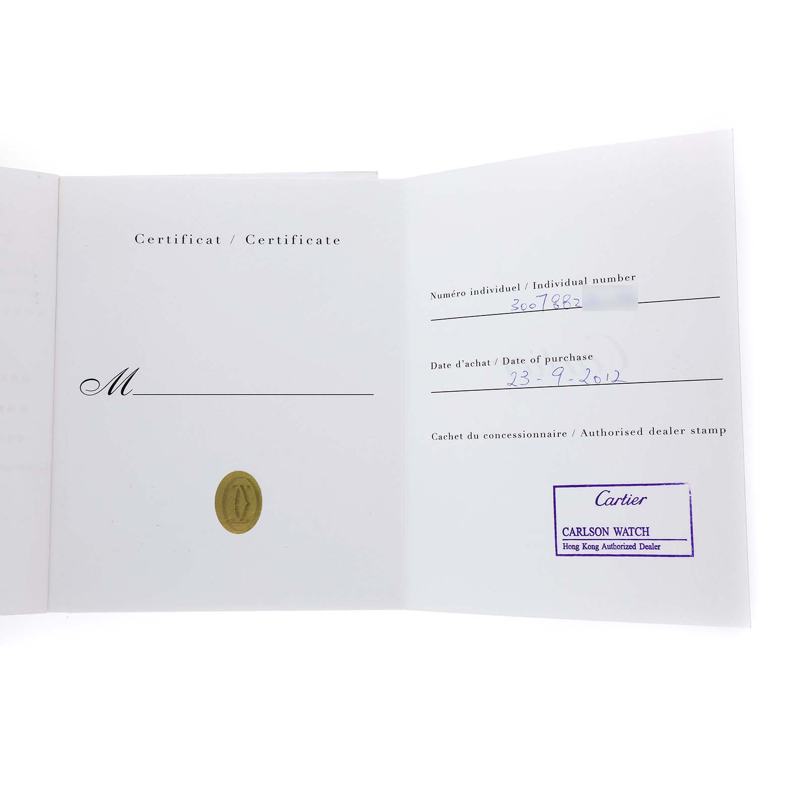 The image shows a certificate for the Ballon Bleu model by Cartier, detailing purchase information and dealer stamp.