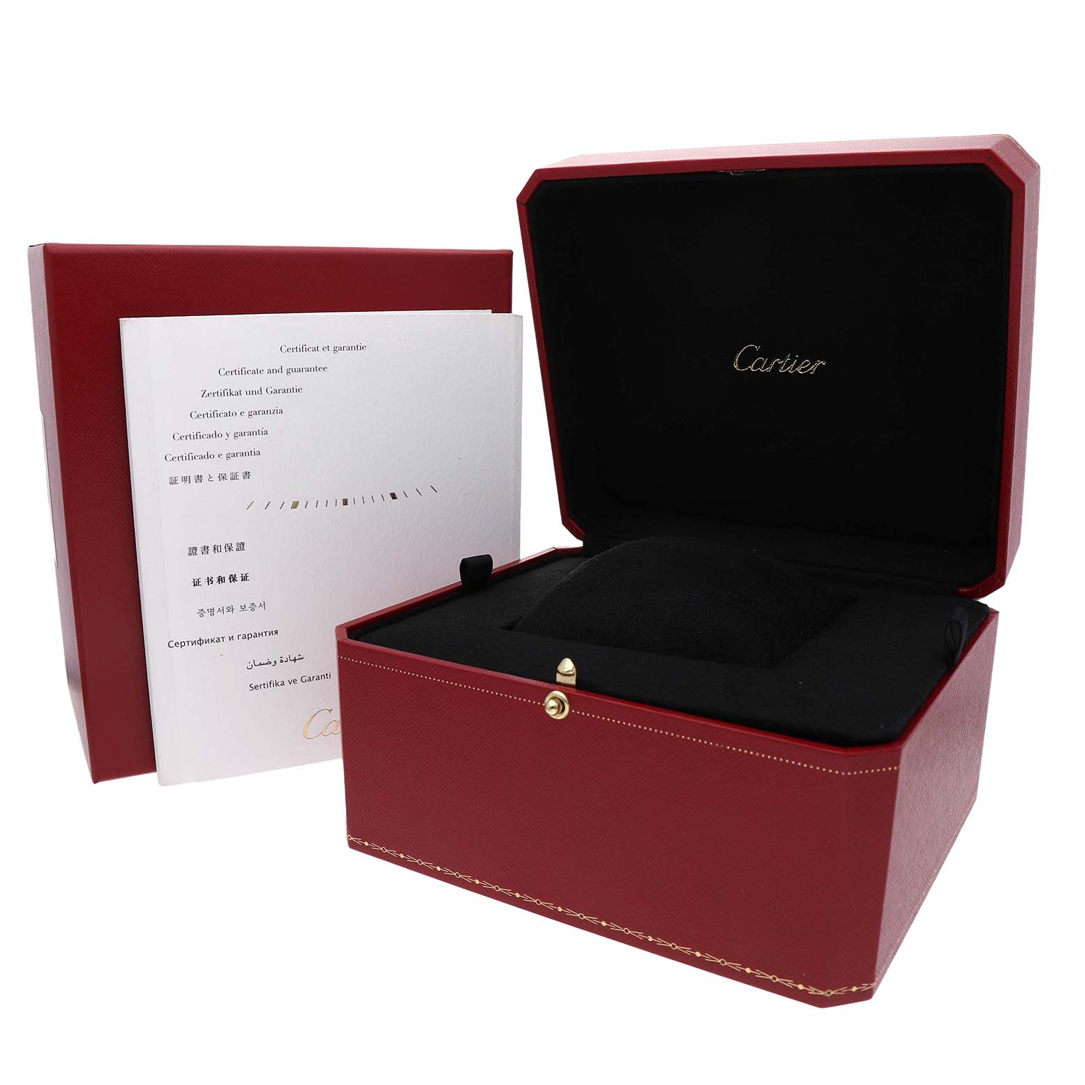 The image shows an open Cartier Ballon Bleu W69002Z2 Women's Rose Gold Silver Dial box and accompanying guarantee documents.