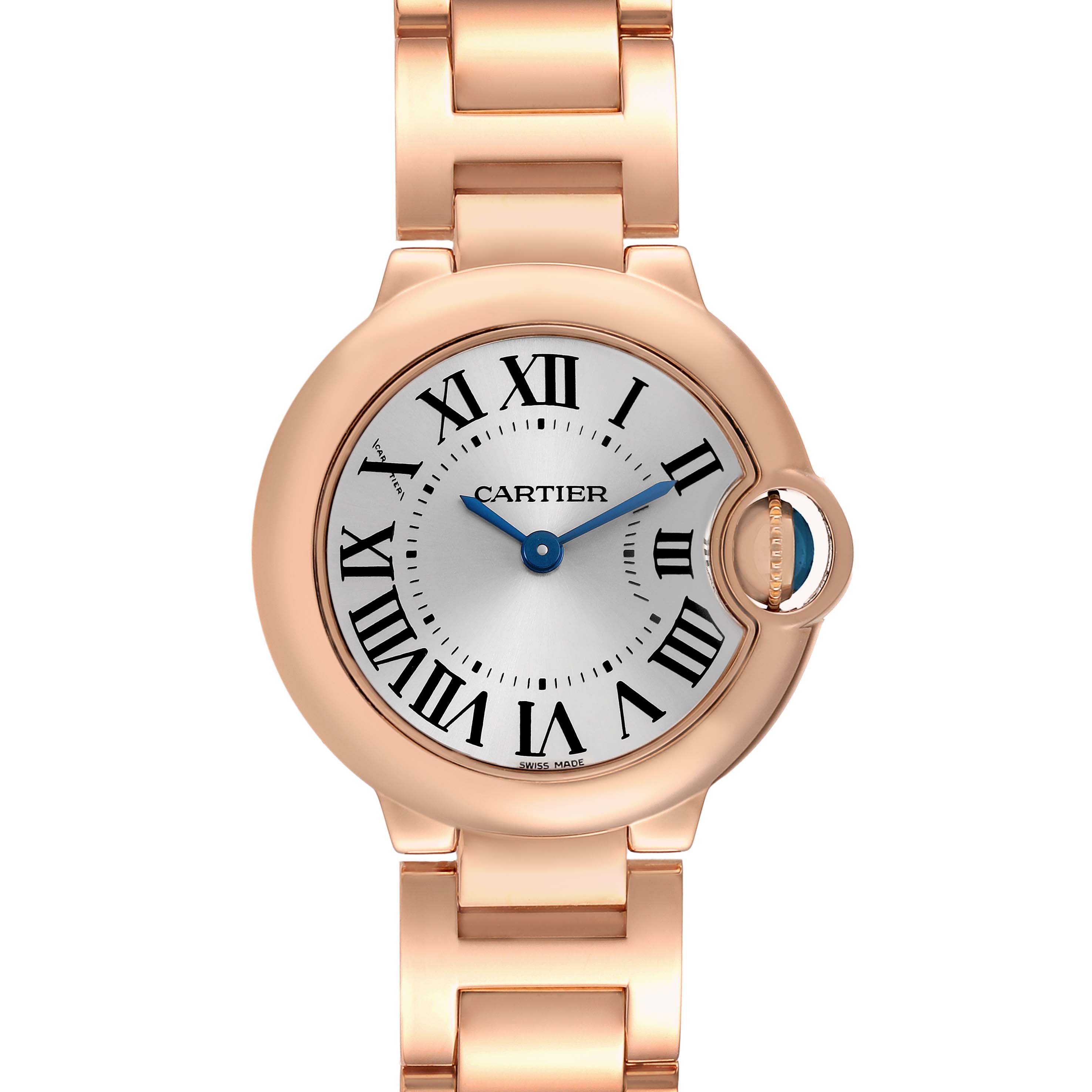The Cartier Ballon Bleu W69002Z2 Women's Rose Gold Silver Dial watch is shown from the front, displaying the face, bracelet, and crown.