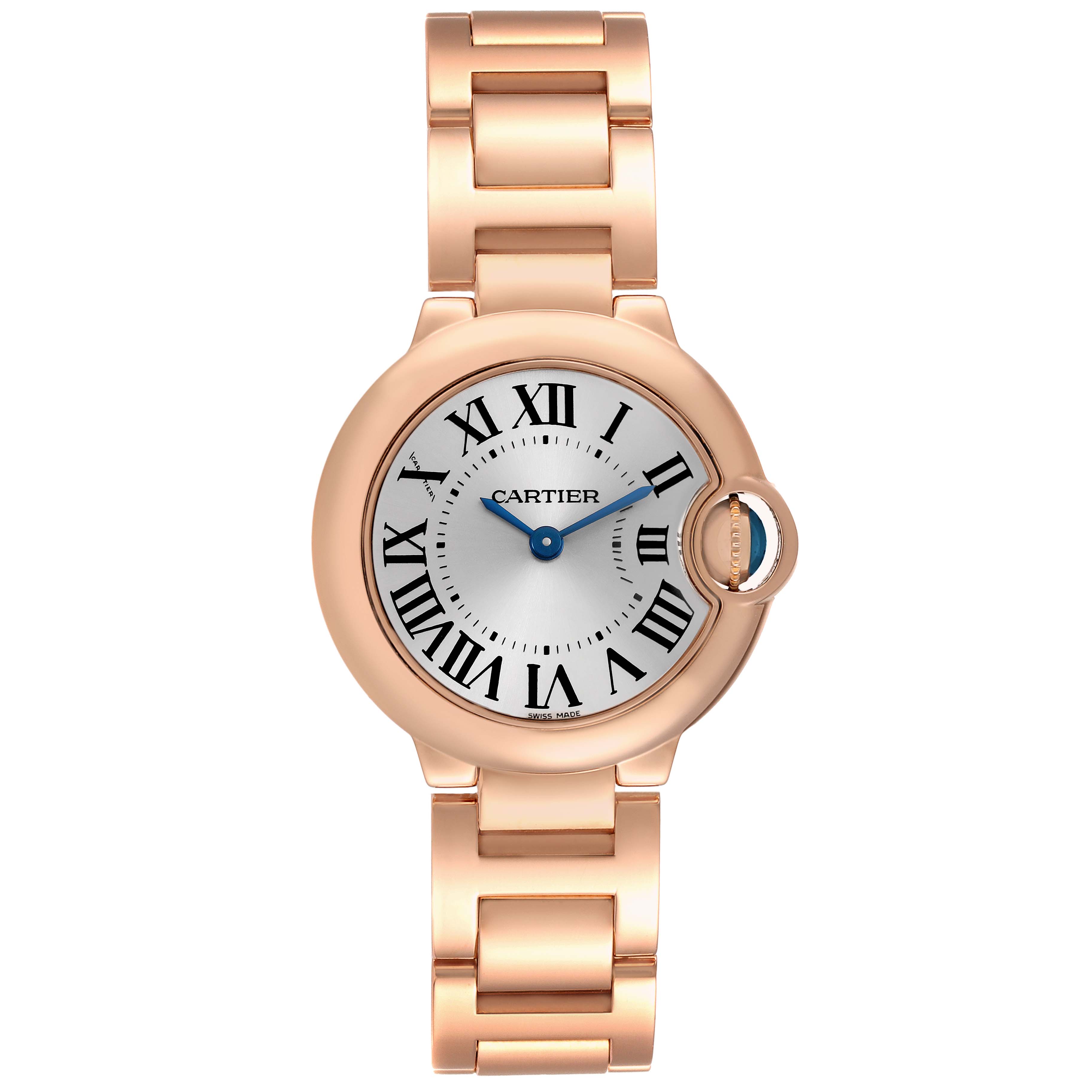 The Cartier Ballon Bleu W69002Z2 Women's Rose Gold Silver Dial watch is shown from a front angle, displaying the face, Roman numerals, and metal strap.