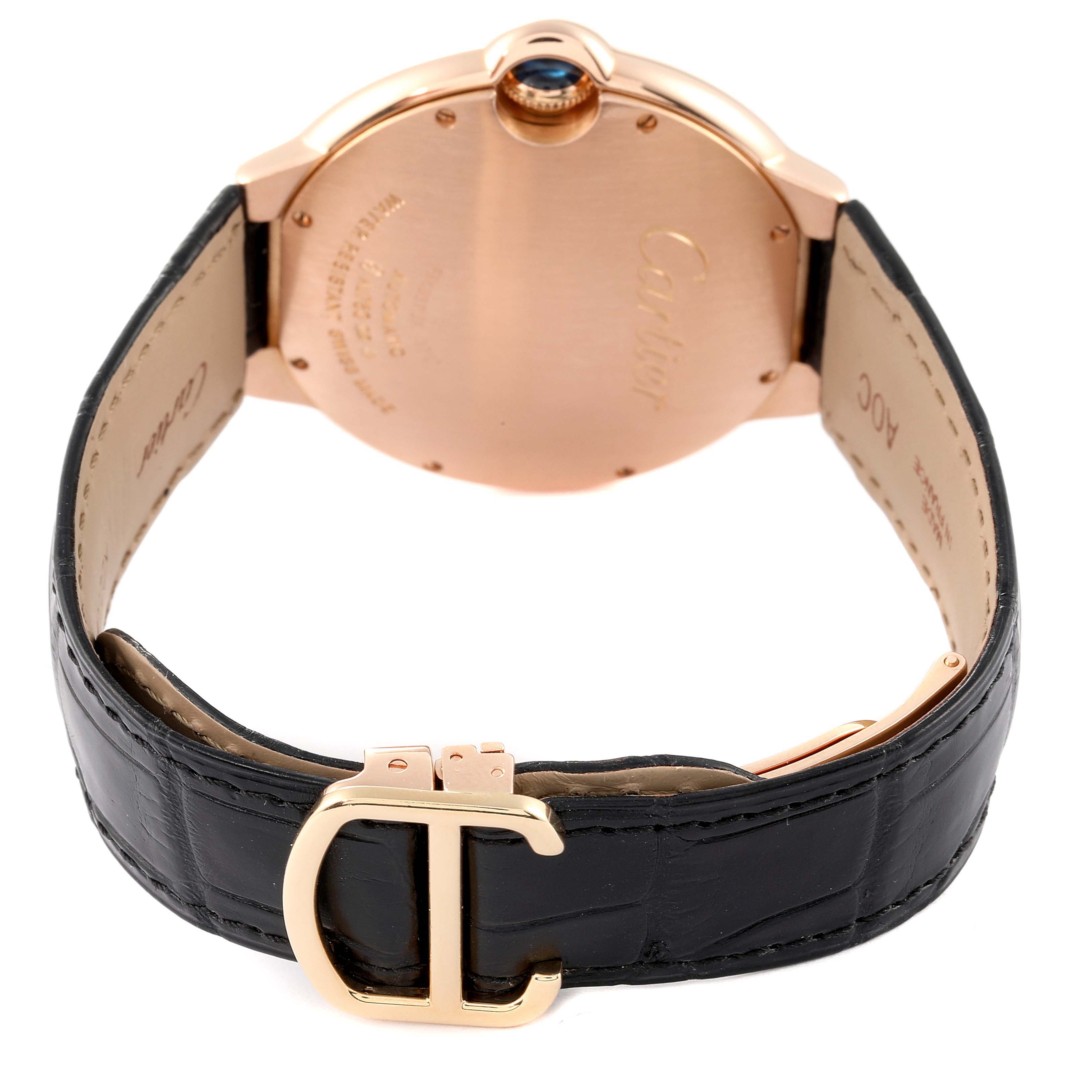 The image shows the back view of a Cartier Ballon Bleu W6900651 Men's Rose Gold Silver Dial W6900651 Men's Rose Gold Silver Dial watch, highlighting its case back, crown, strap, and buckle.