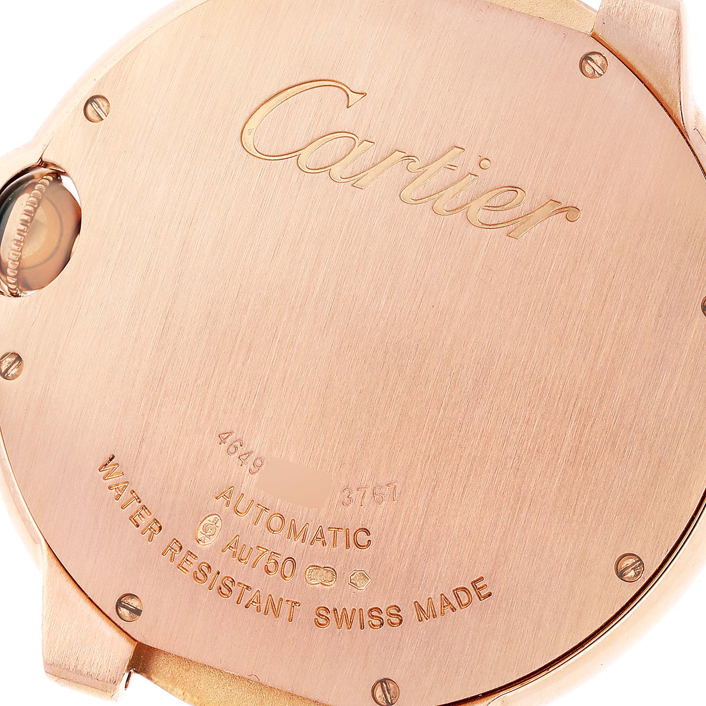 The image shows the close-up back view of a Cartier Ballon Bleu W6900651 Men's Rose Gold Silver Dial W6900651 Men's Rose Gold Silver Dial watch, displaying engravings and the crown.
