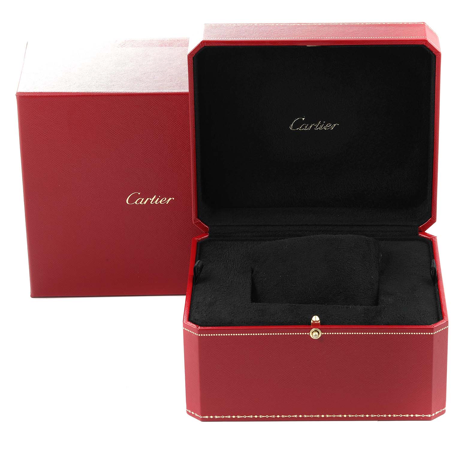 This image shows an empty red Cartier Ballon Bleu W6900651 Men's Rose Gold Silver Dial W6900651 Men's Rose Gold Silver Dial watch box and its cover, both with Cartier branding.