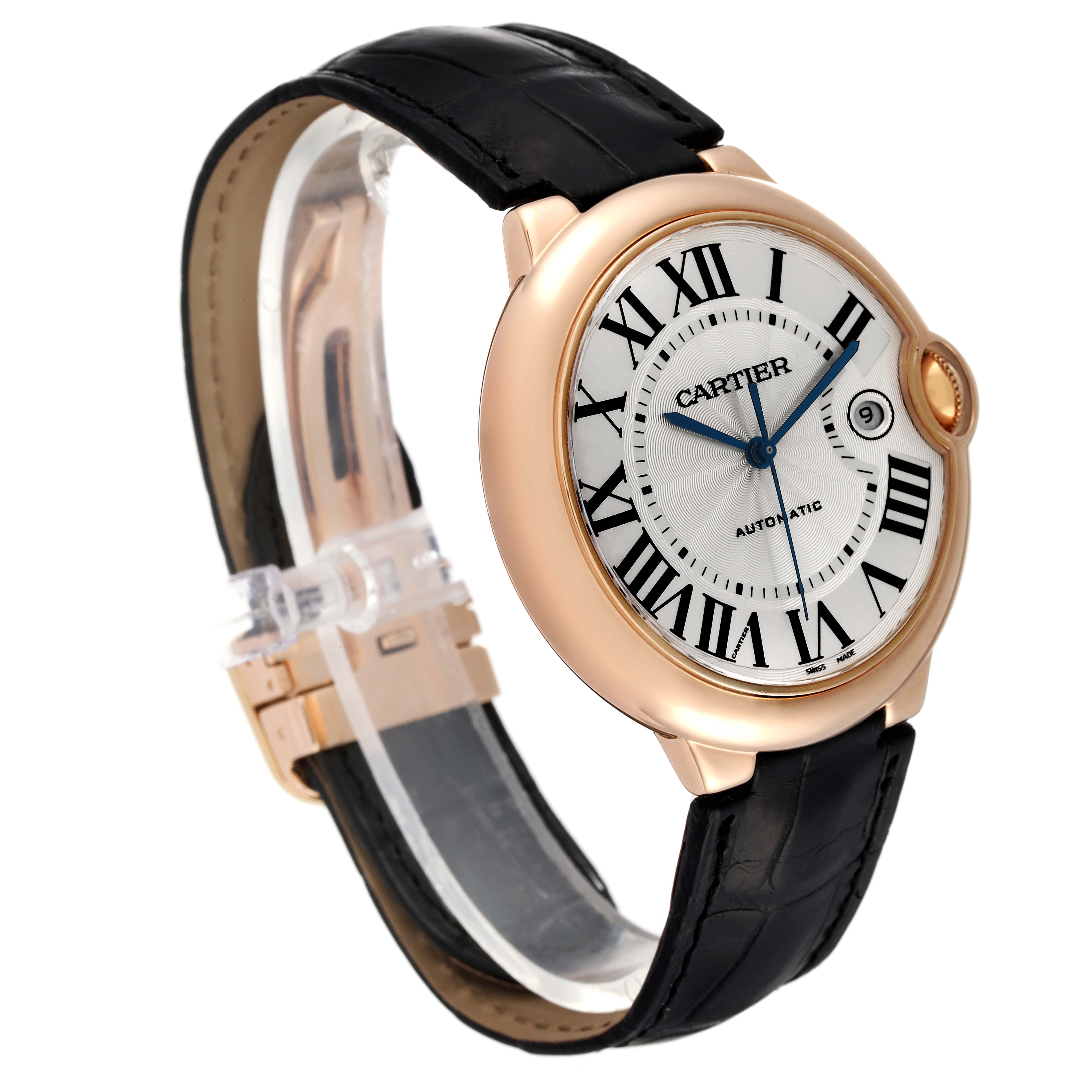 The image shows a side angle view of a Cartier Ballon Bleu W6900651 Men's Rose Gold Silver Dial W6900651 Men's Rose Gold Silver Dial watch, highlighting its round face, Roman numeral dial, and black leather strap.