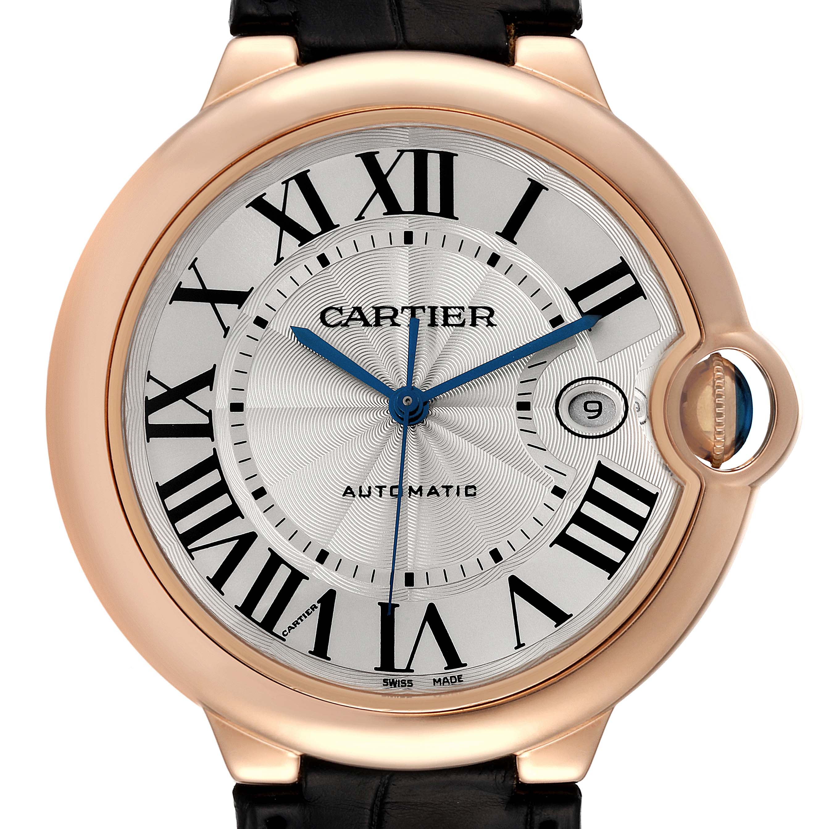The image shows a front view of the Cartier Ballon Bleu W6900651 Men's Rose Gold Silver Dial W6900651 Men's Rose Gold Silver Dial watch, highlighting the dial, hands, Roman numerals, date window, and part of the strap.
