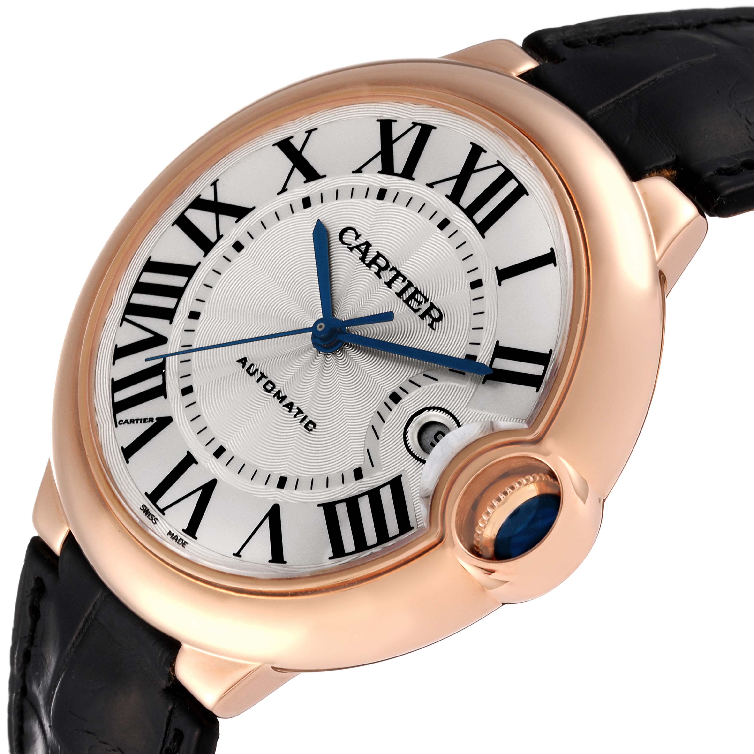 The image shows a close-up angle of the dial and crown of a Cartier Ballon Bleu W6900651 Men's Rose Gold Silver Dial W6900651 Men's Rose Gold Silver Dial watch with a leather strap.