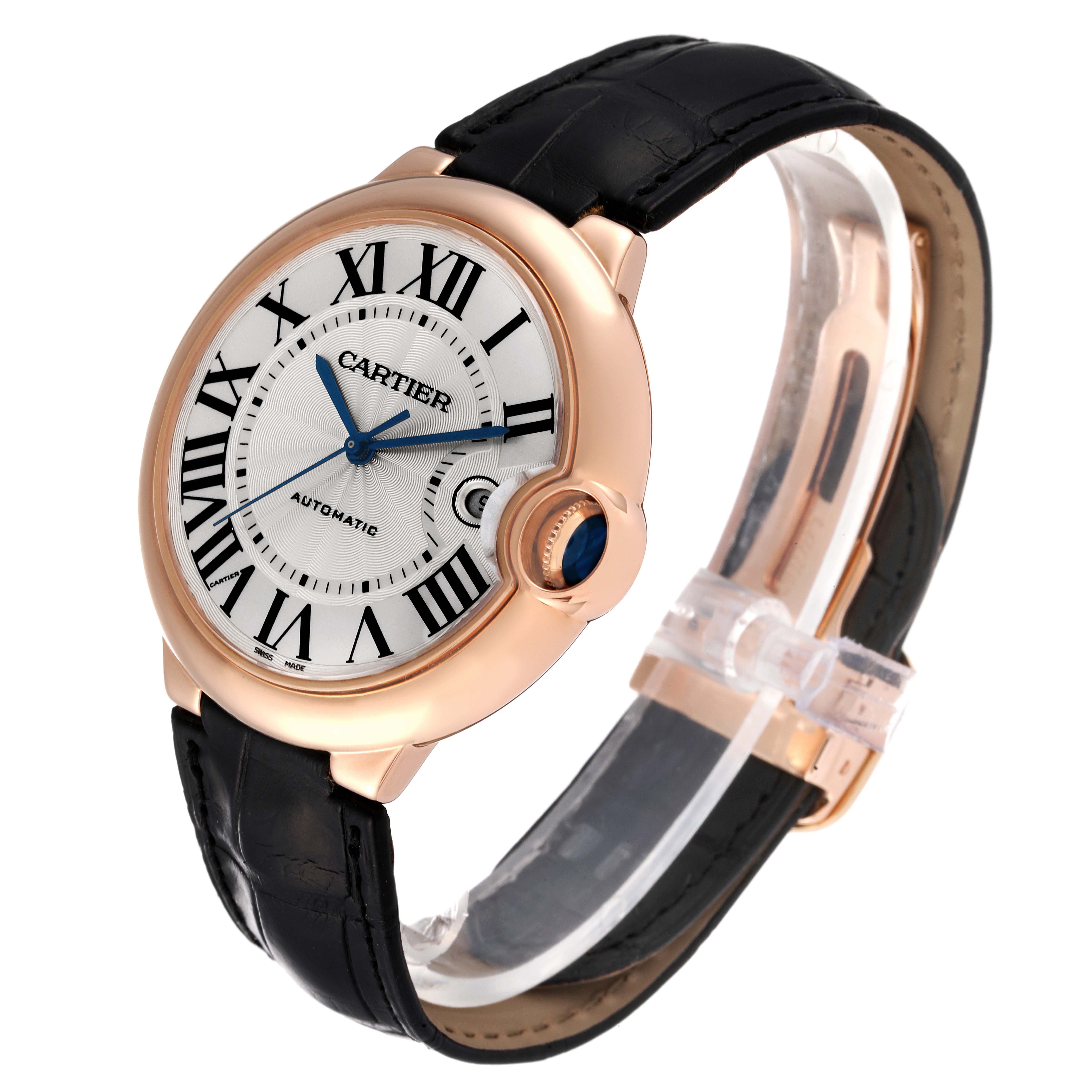 The Cartier Ballon Bleu W6900651 Men's Rose Gold Silver Dial W6900651 Men's Rose Gold Silver Dial watch is shown at a 3/4 angle, displaying its face, case, and leather strap.