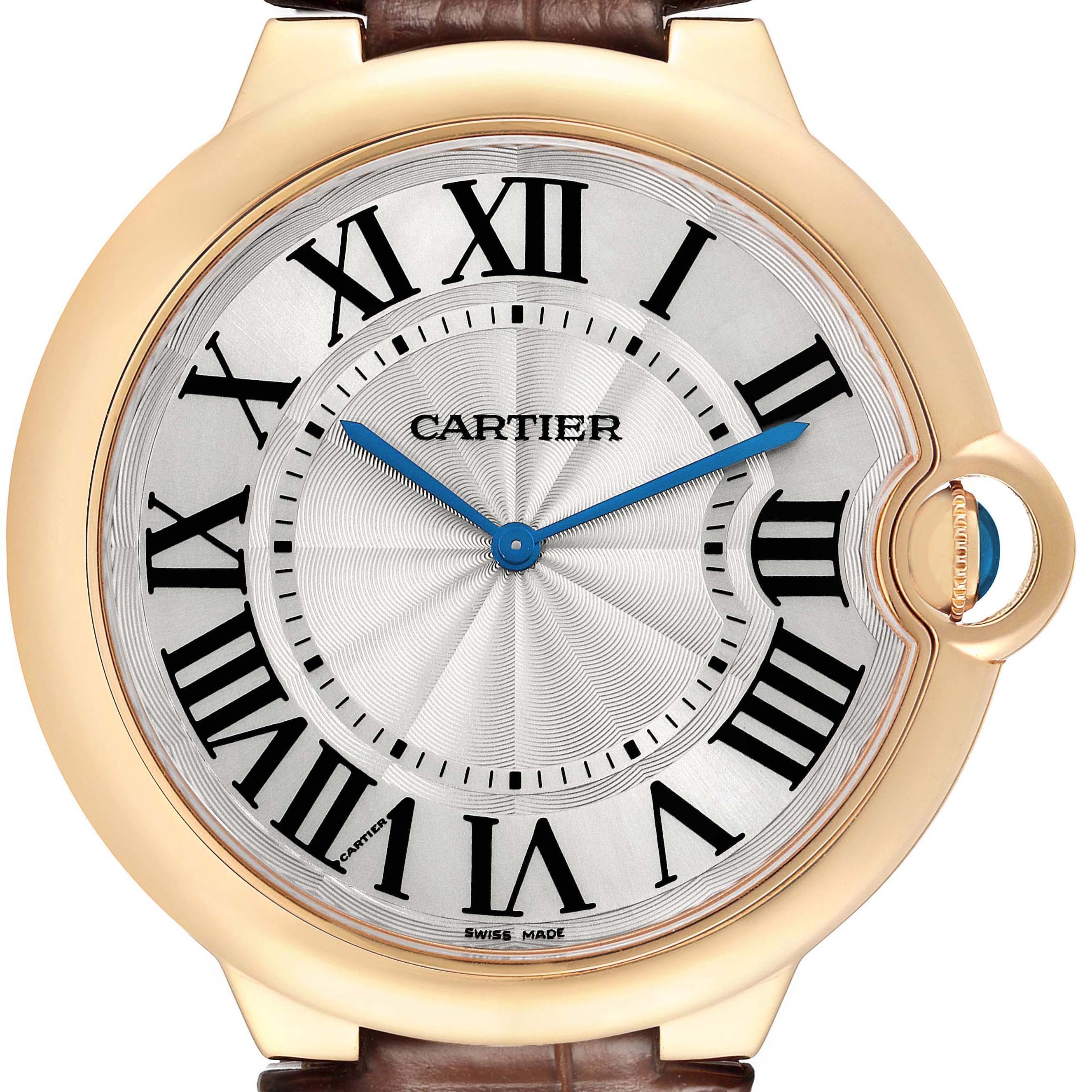 The Cartier Ballon Bleu W690054 Men's Yellow Gold Silver Dial watch is shown from the front, highlighting its dial, blue hands, Roman numerals, and crown.
