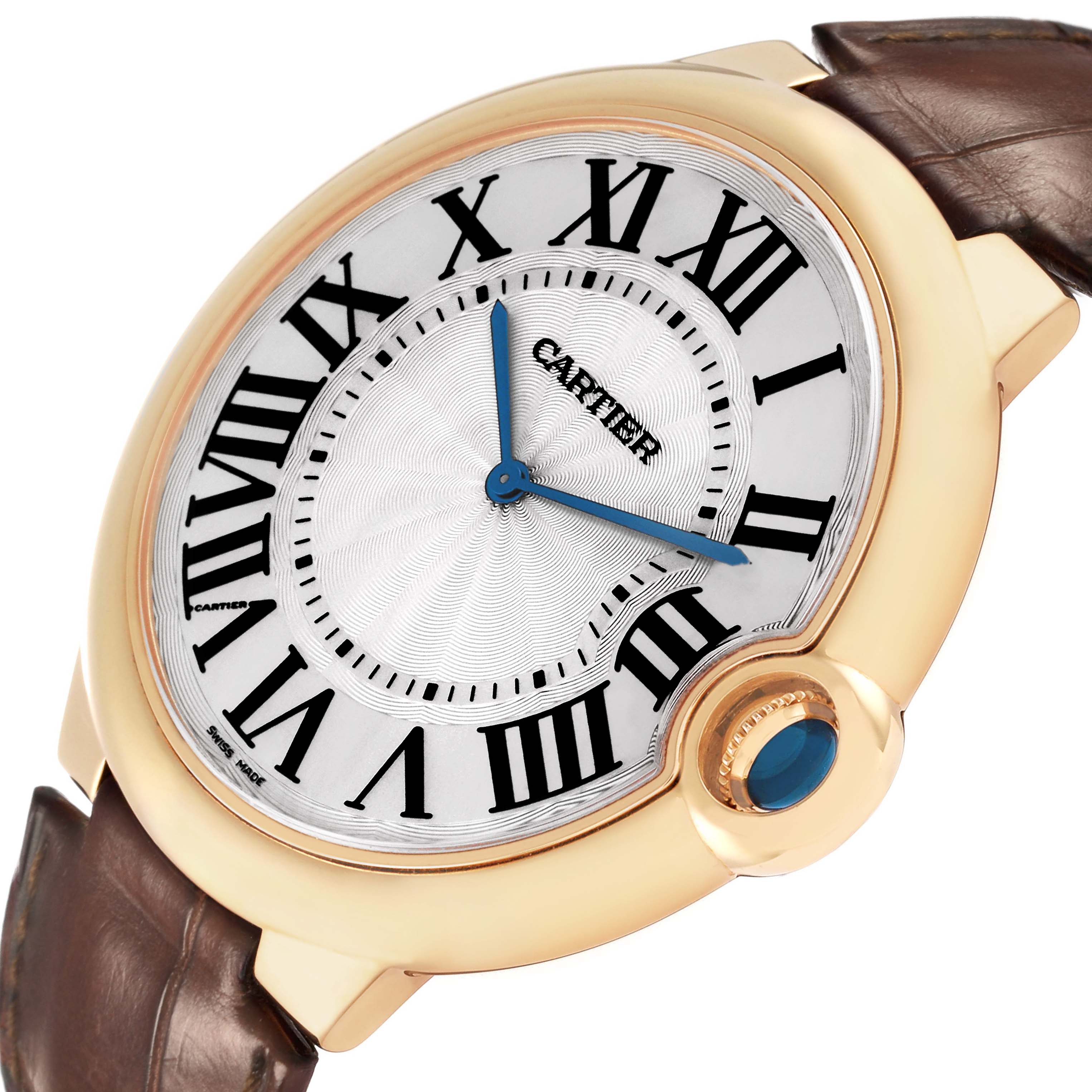 The Cartier Ballon Bleu W690054 Men's Yellow Gold Silver Dial watch is shown at an angled view, highlighting the dial, crown with a blue cabochon, and leather strap.