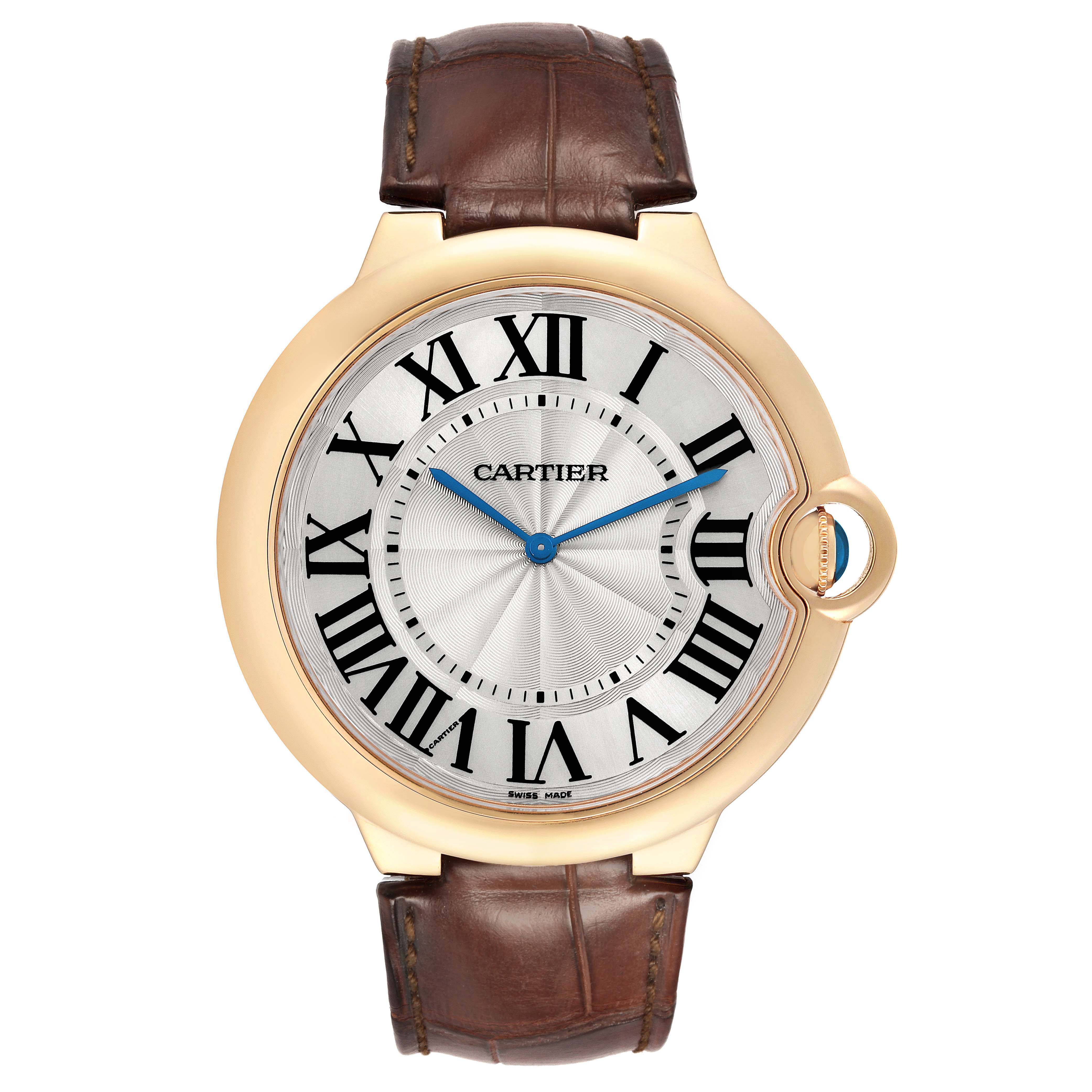 The image shows a front view of the Cartier Ballon Bleu W690054 Men's Yellow Gold Silver Dial watch, highlighting its face, Roman numerals, and brown leather strap.