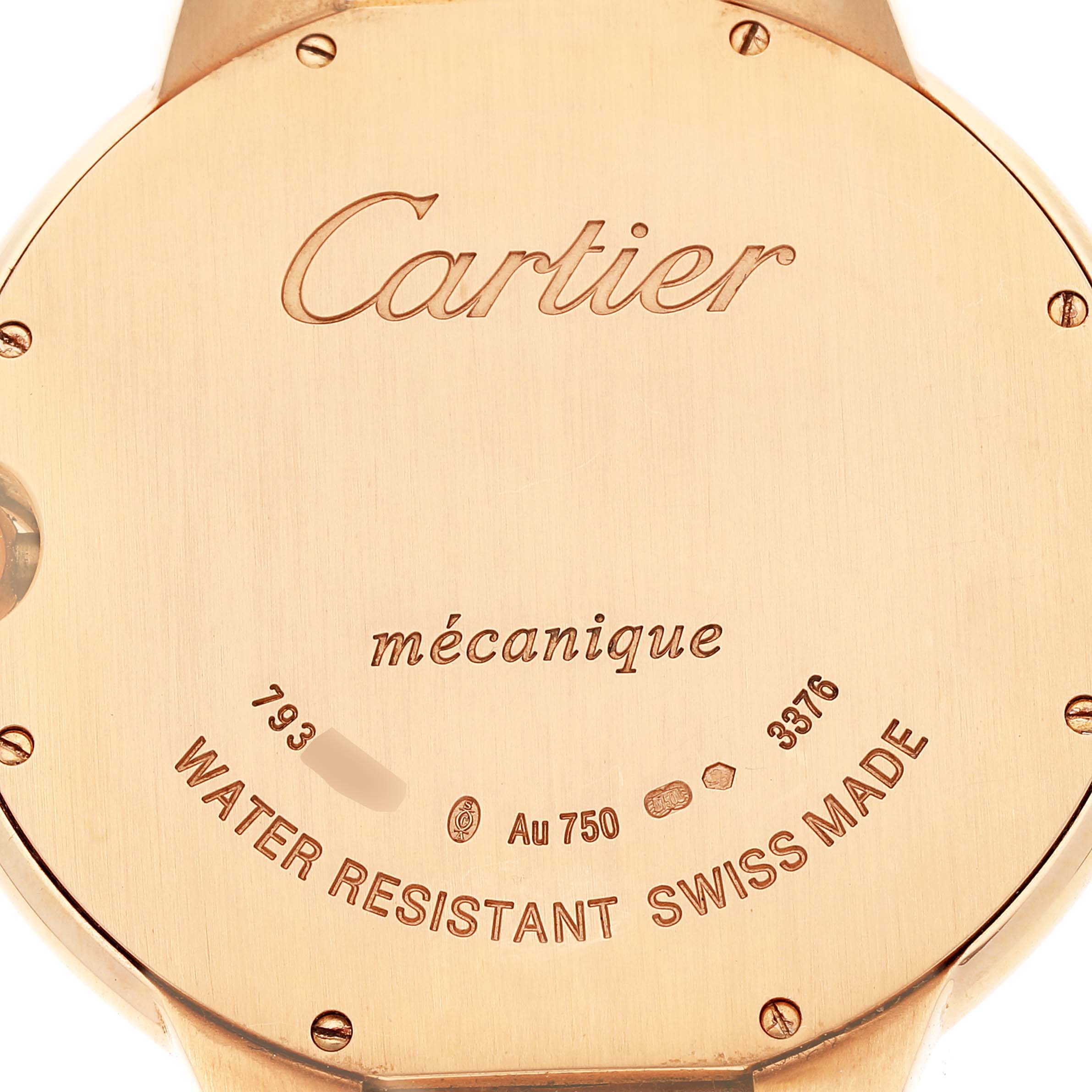 This image shows the case back of a Ballon Bleu watch by Cartier, highlighting the branding and various inscriptions.